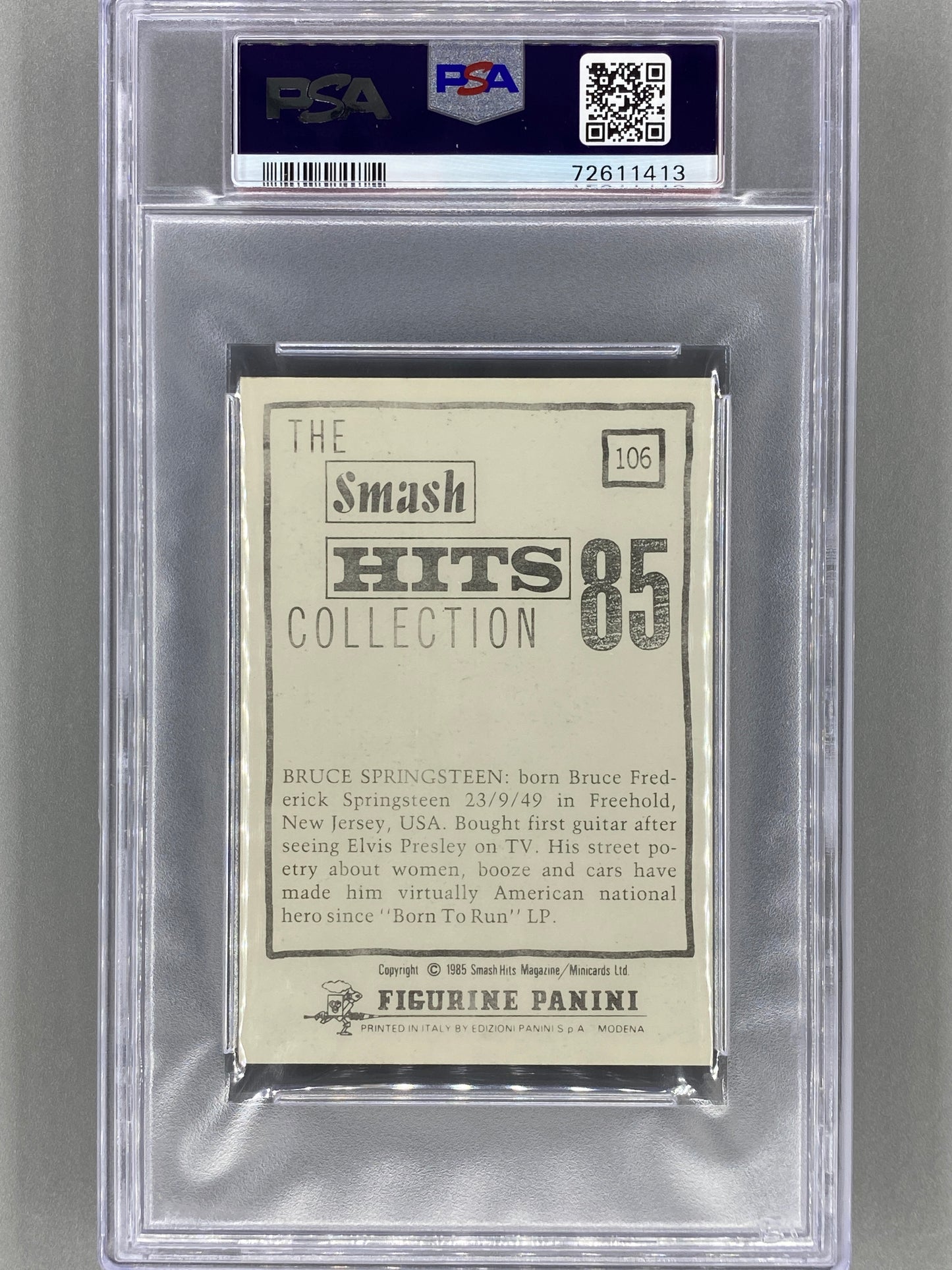 1985 Panini #106 Bruce Springsteen Smash Hits Collection PSA 8 Pop 20 (Music)