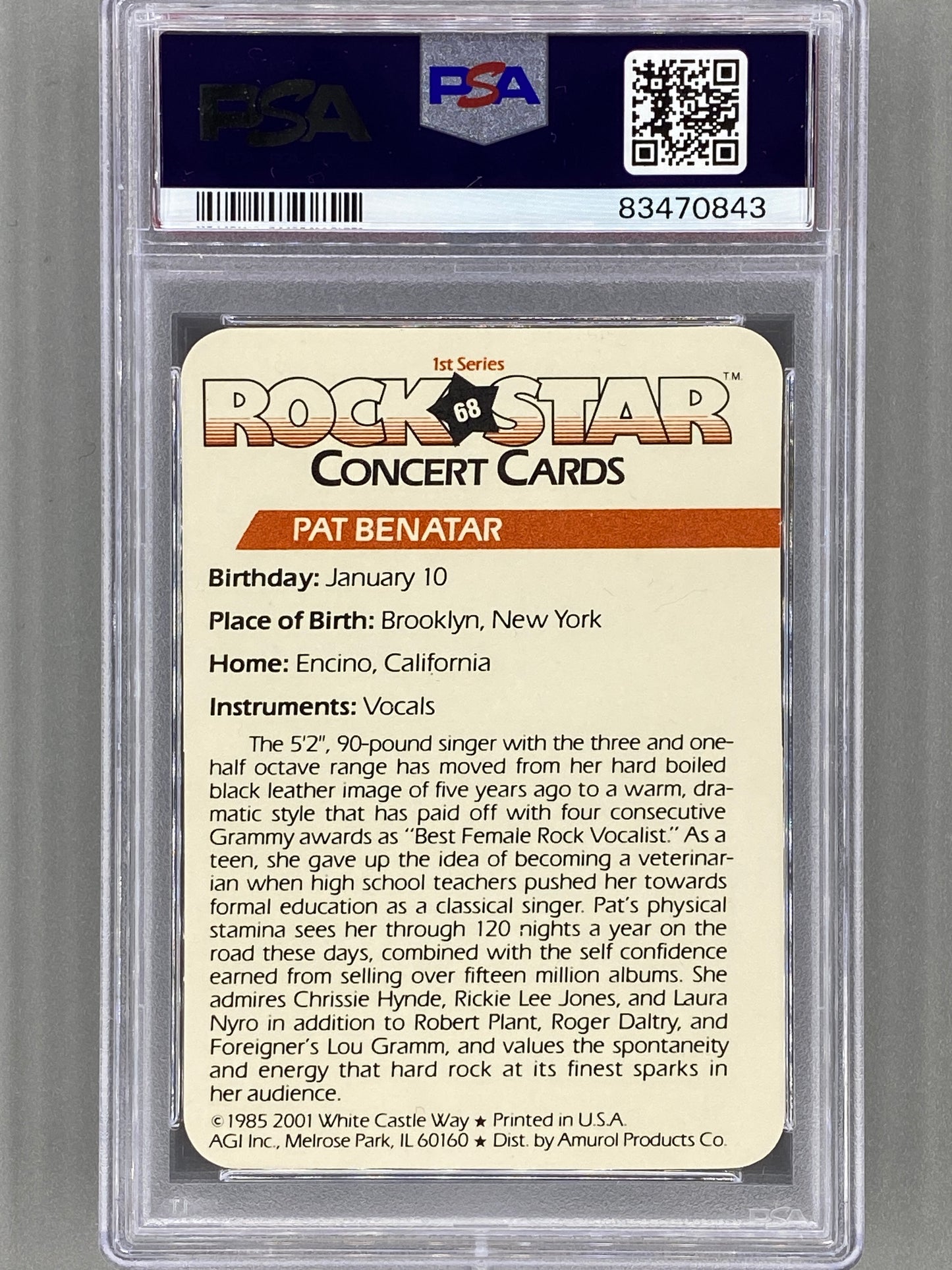 1985 AGI Rock Star #68 Pat Benatar Concert Cards PSA 10 - Pop 3 (Music)