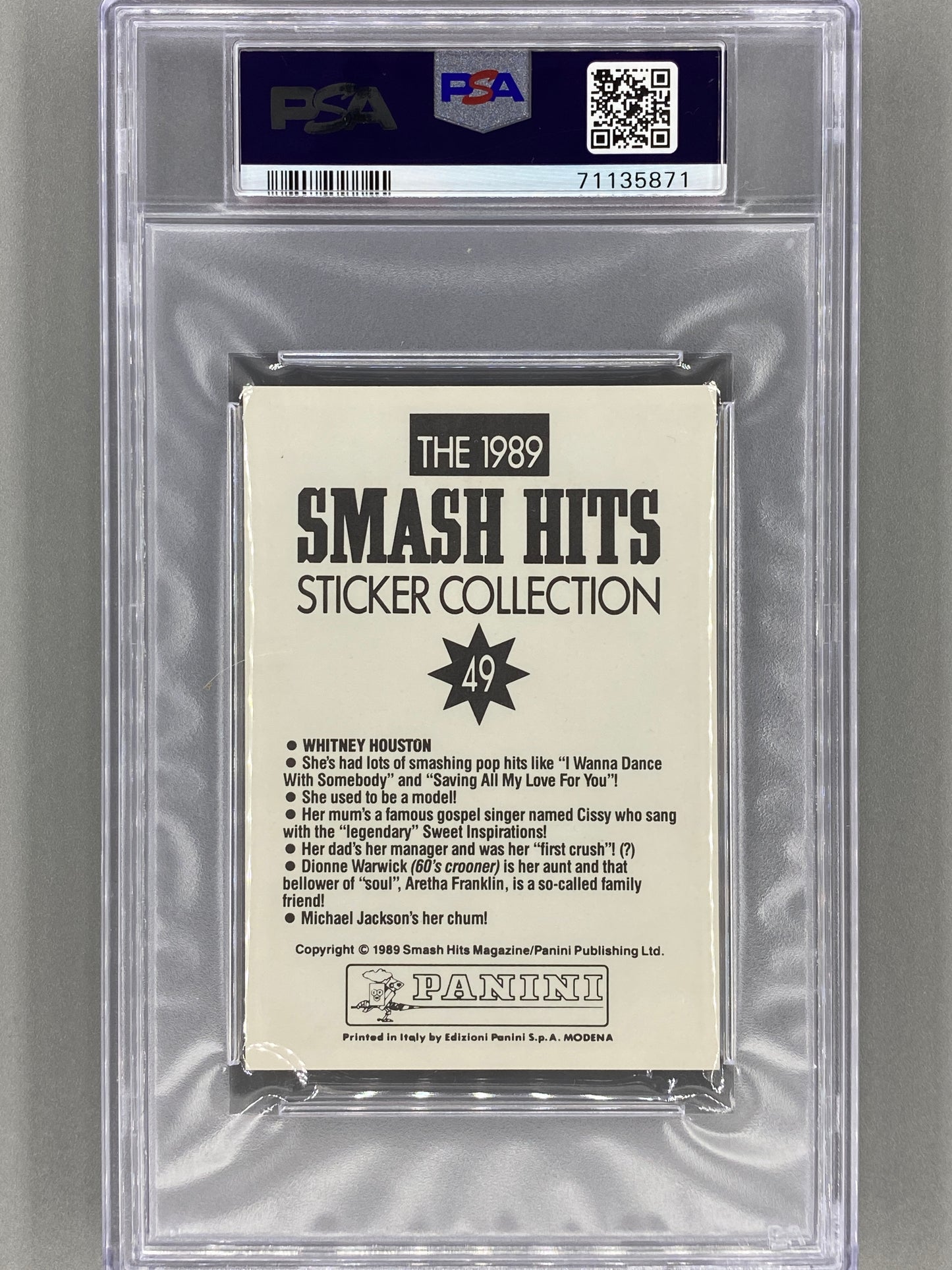 1989 Panini Smash Hits Sticker Collection #49 Whitney Houston PSA 8 - Pop 1 (Music)