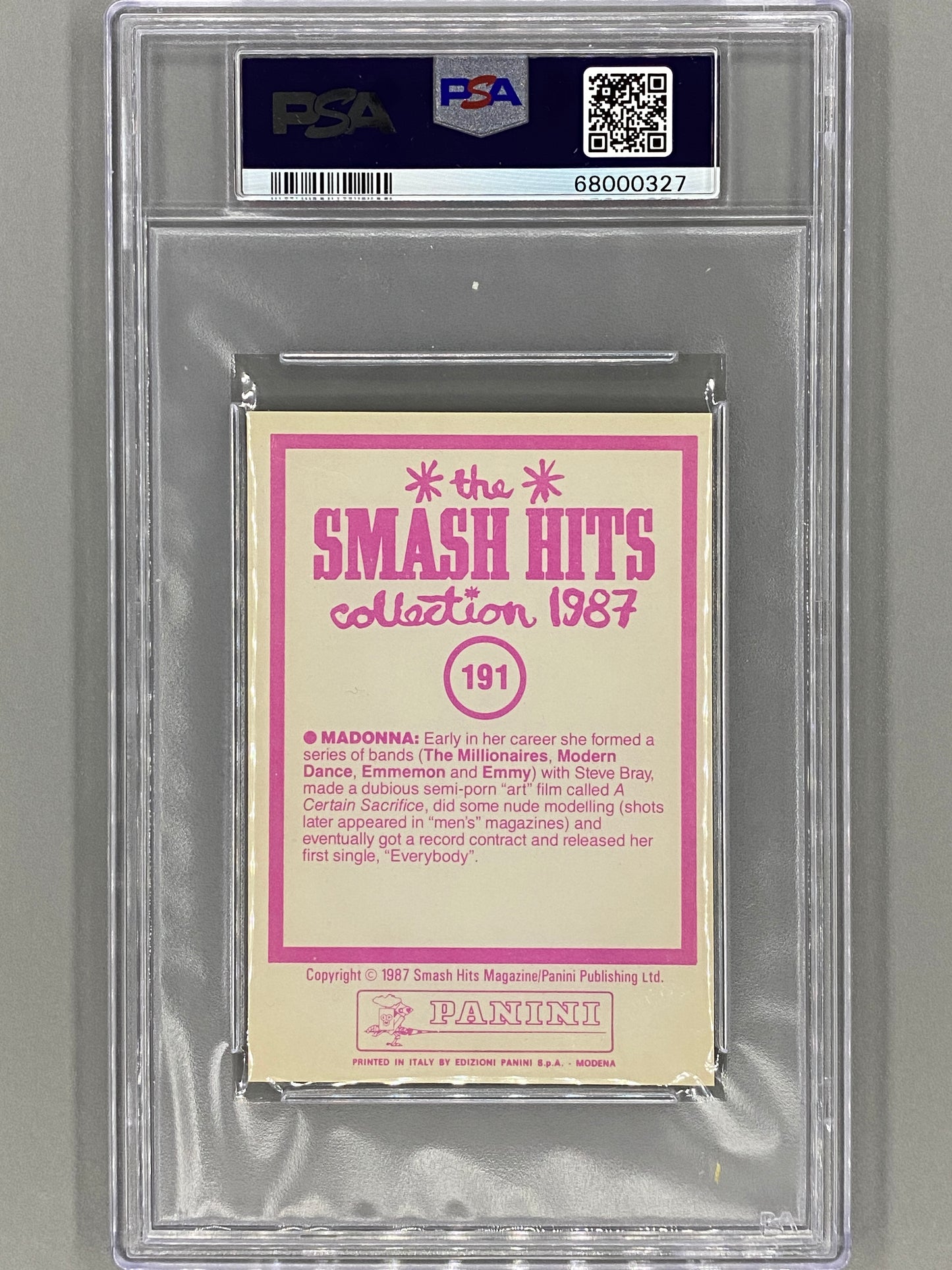 1987 Panini #191 Madonna Smash Hits Collection PSA 7 (Music)