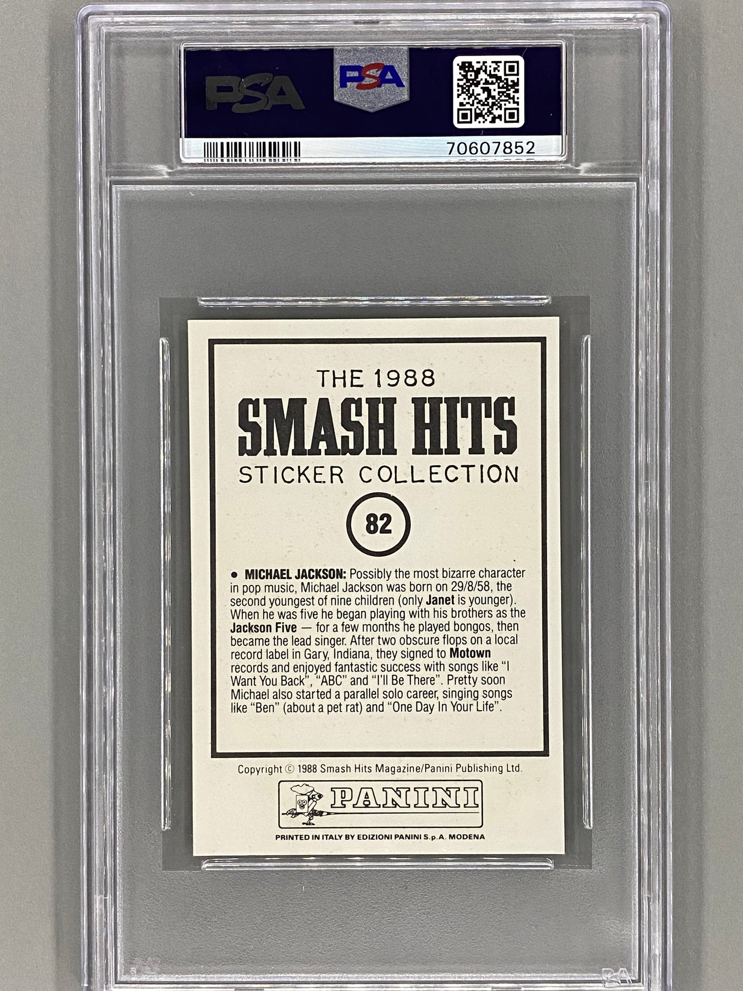 1988 Panini #82 Michael Jackson Smash Hits Collection PSA 7 - Pop 1 - 1 Higher (Music)