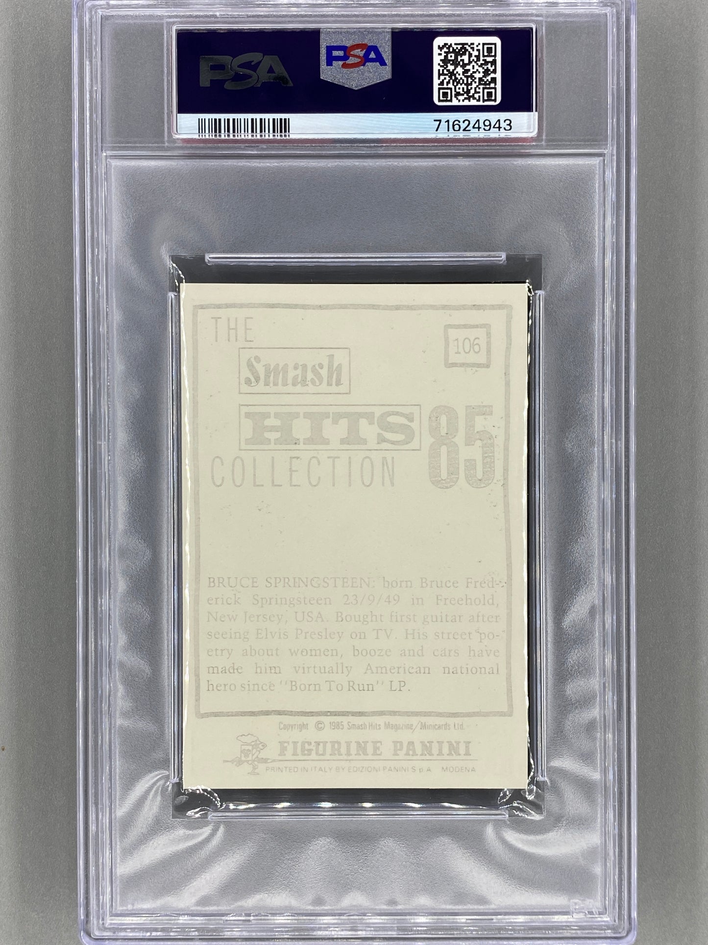 1985 Panini #106 Bruce Springsteen Smash Hits Collection PSA 7 Pop 6 (Music)