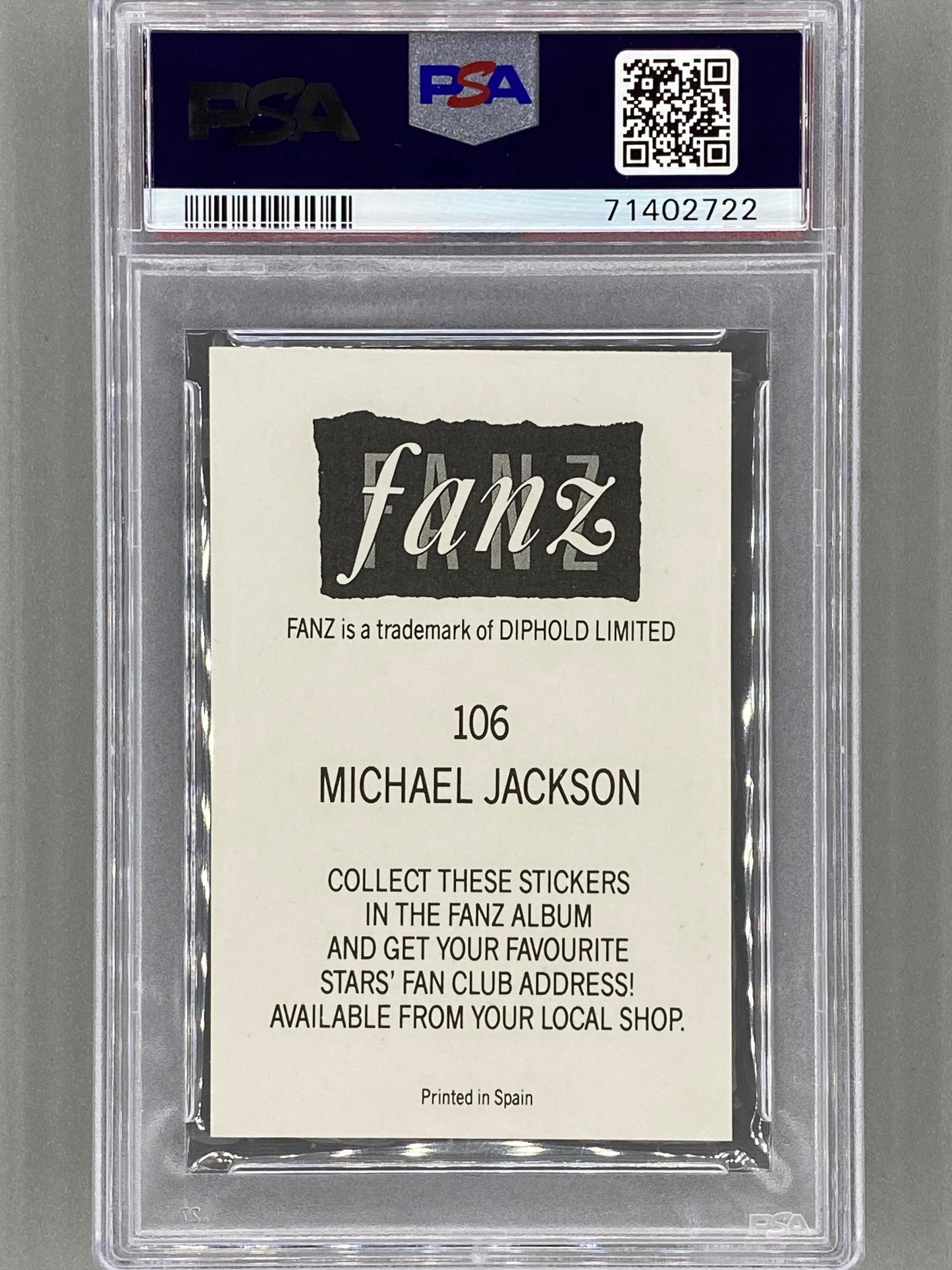 1988 Fanz #106 Michael Jackson Rock/Pop Stars Stickers PSA 6 - Pop 1 (Music)