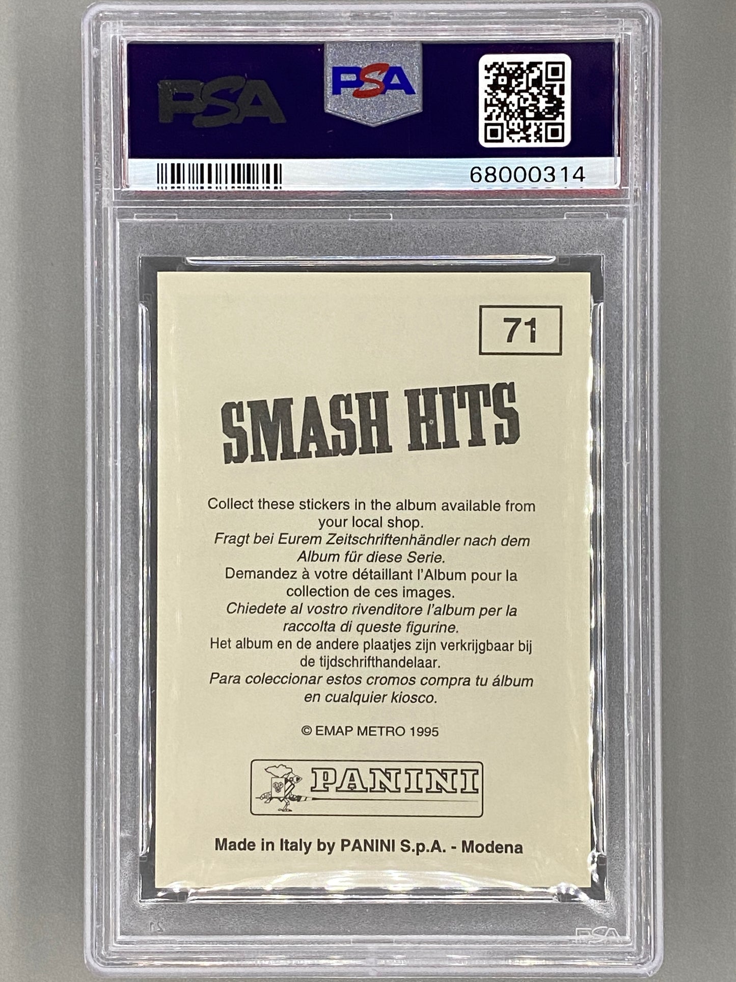 1995 Panini #71 Cyndi Lauper Smash Hits Stickers PSA 7 Pop 2 (Music)