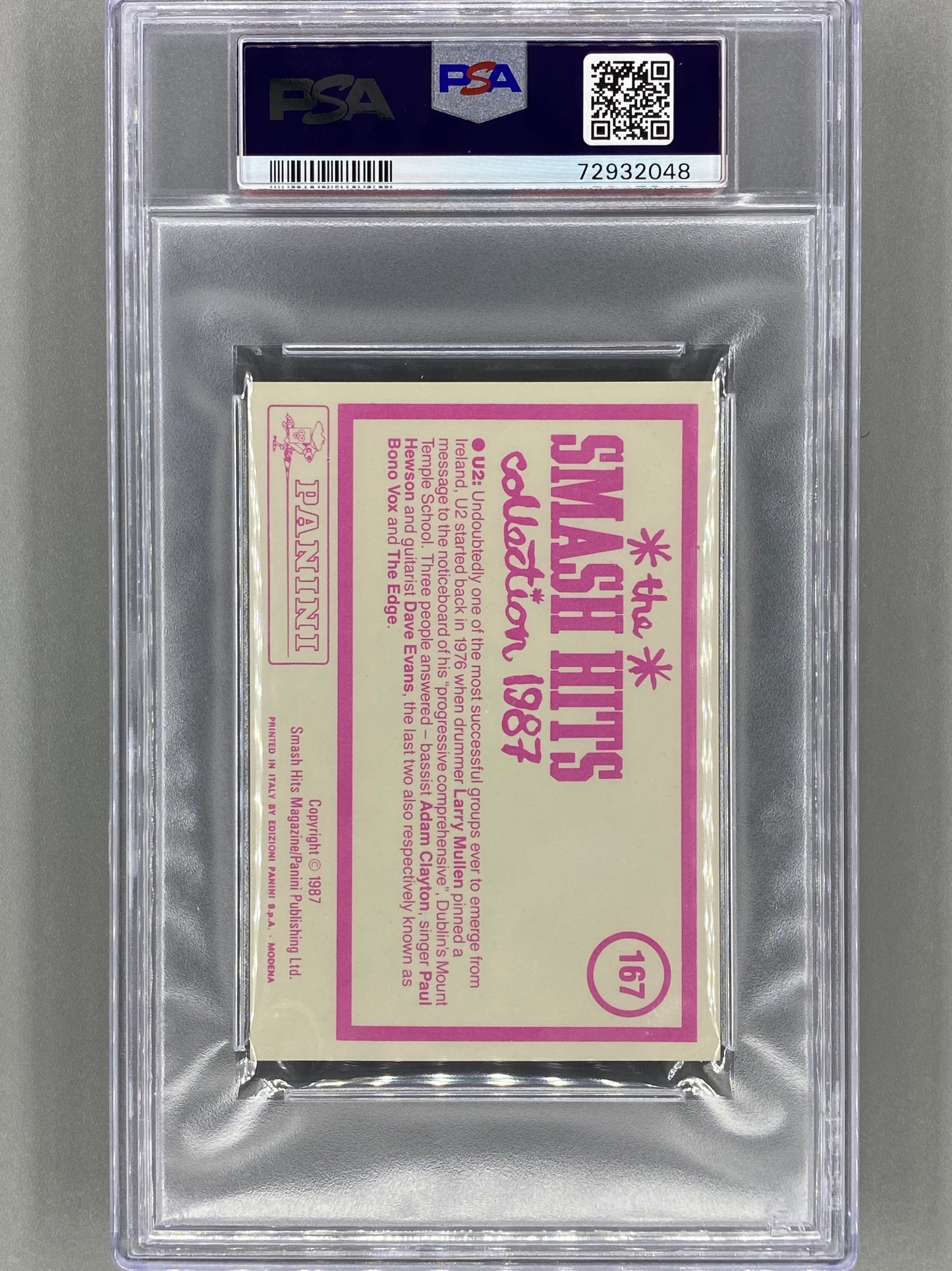 1987 Panini #167 U2 Smash Hits Collection PSA 8 - Pop 1 - 1 Higher (Music)