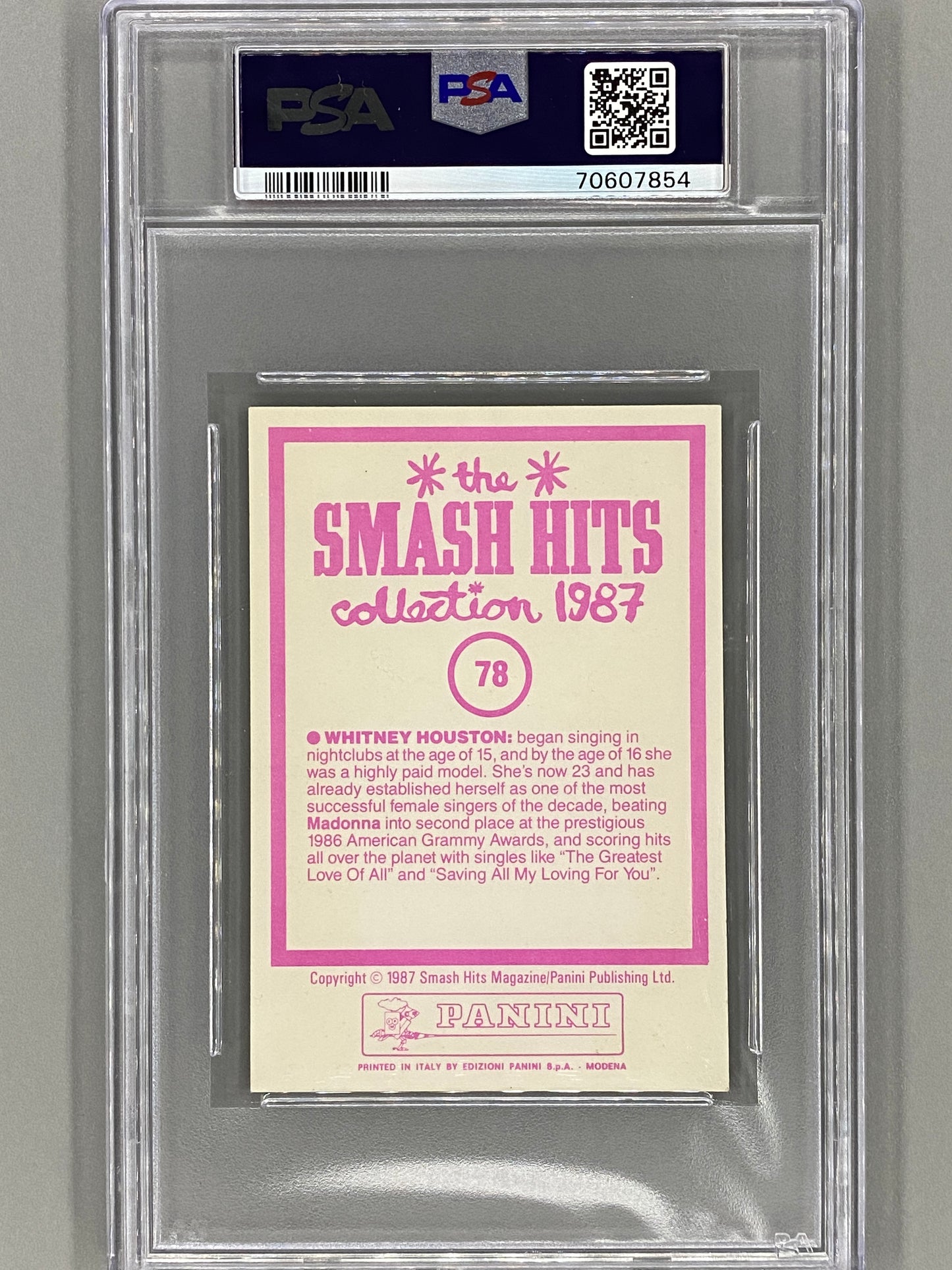 1987 Panini #78 Whitney Houston Smash Hits Collection PSA 7 Pop 14 (Music)