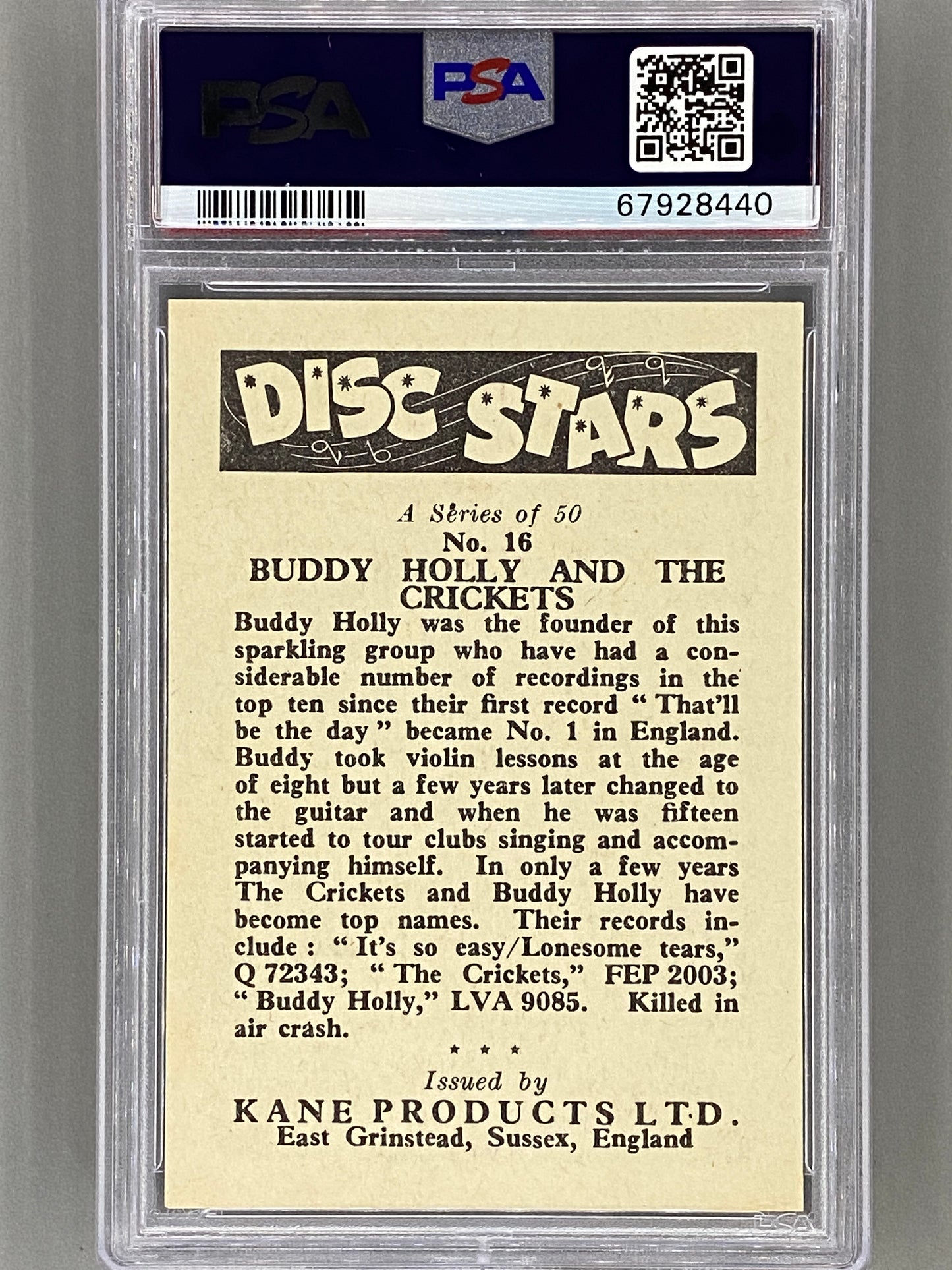 1960 Kane Products Ltd #16 buddy Holly / Crickets Disc Stars PSA 8 Pop 7 - None Higher (Music)