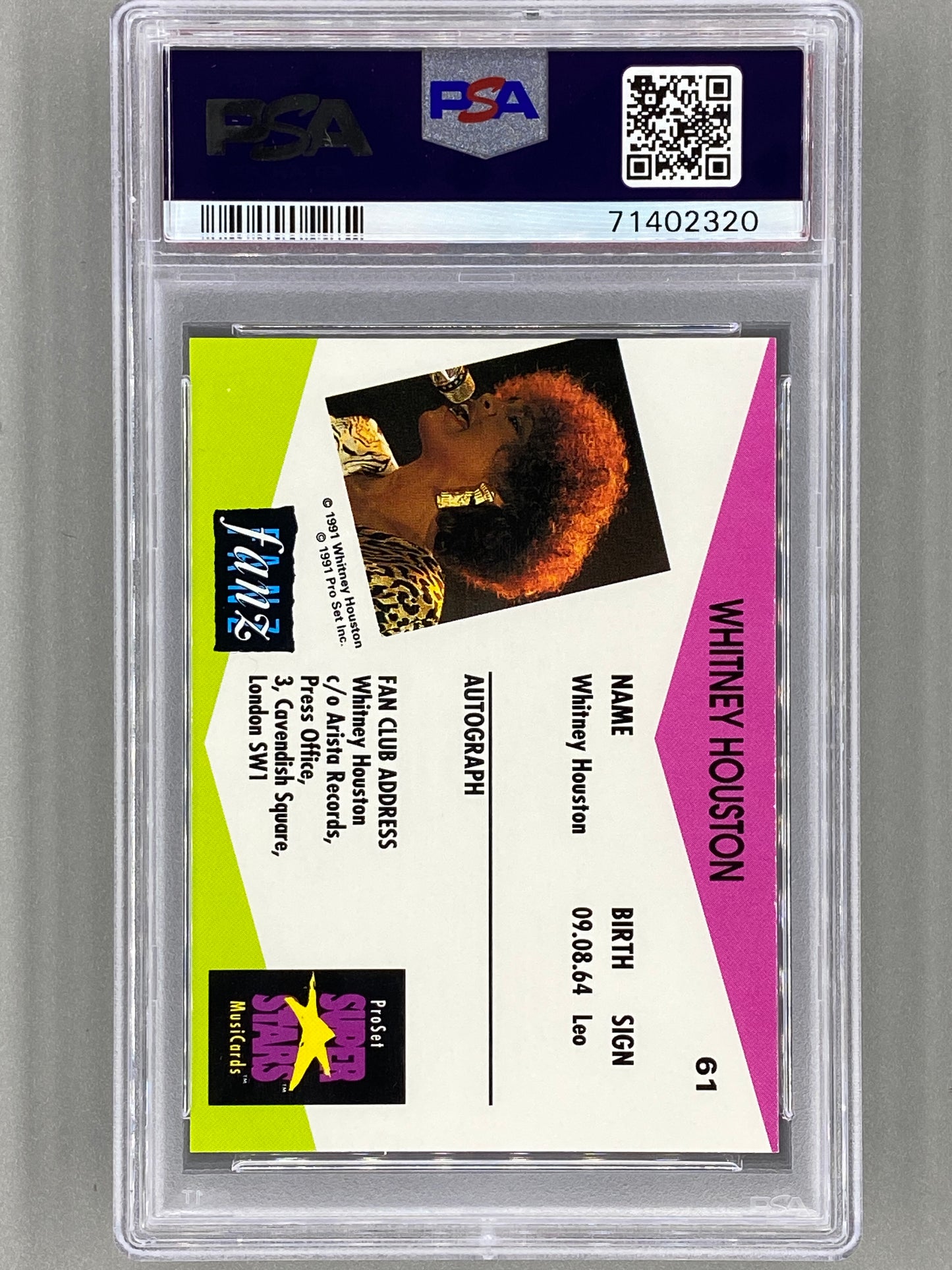 1991 ProSet Superstars #61 Whitney Houston Musicards U K Edition PSA 9 Pop 11 (Music)
