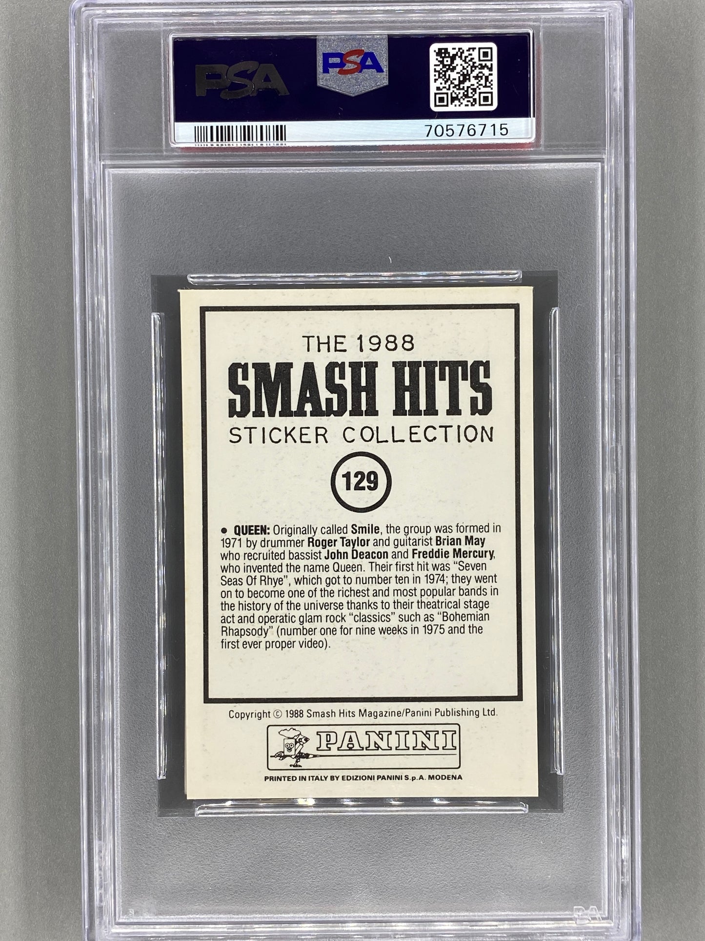 1988 Panini #129 Queen Smash Hits Collection PSA 8 - Pop 1 (Music)