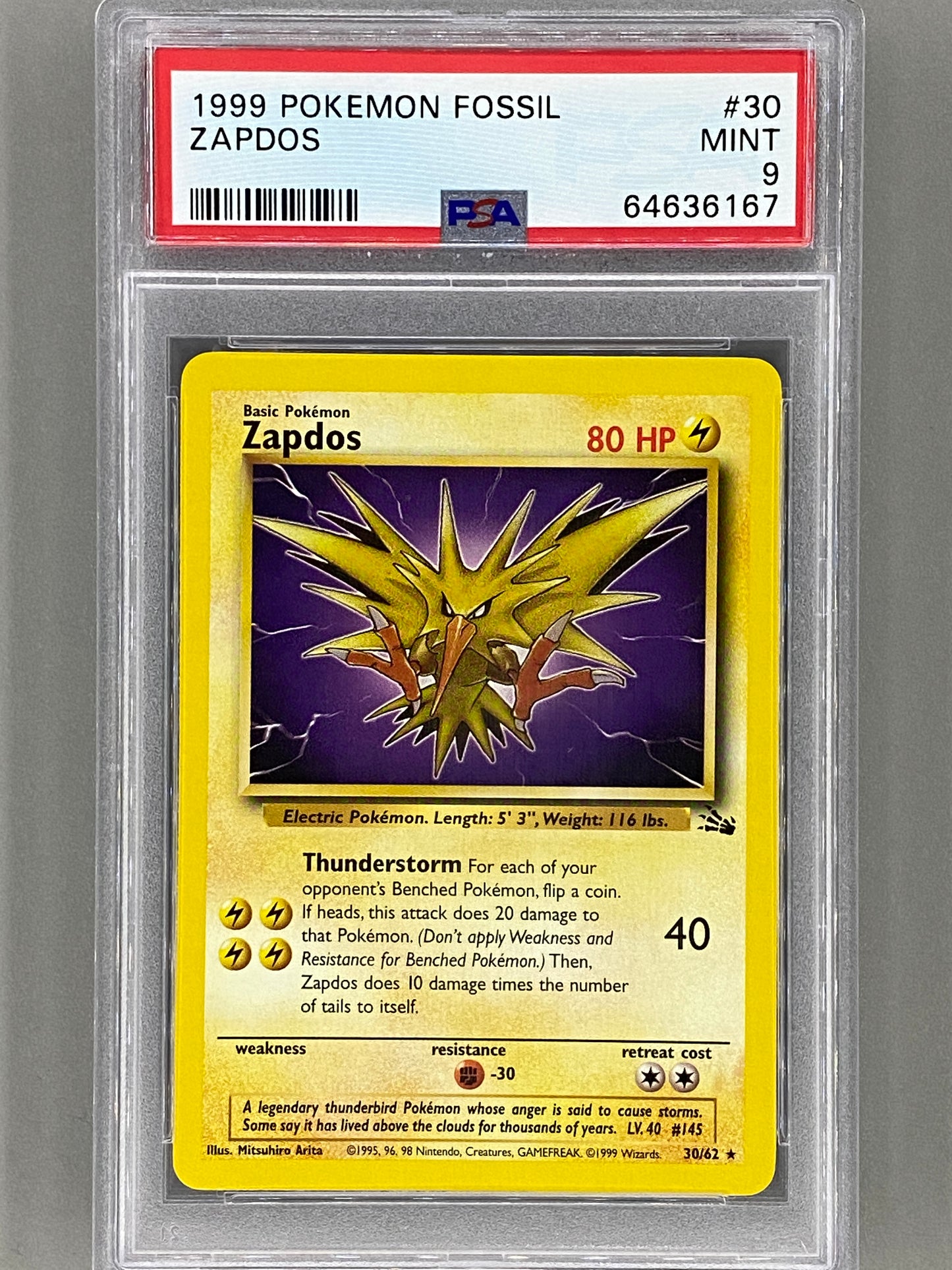 1999 Pokemon Fossil #30 Zapdos PSA 9