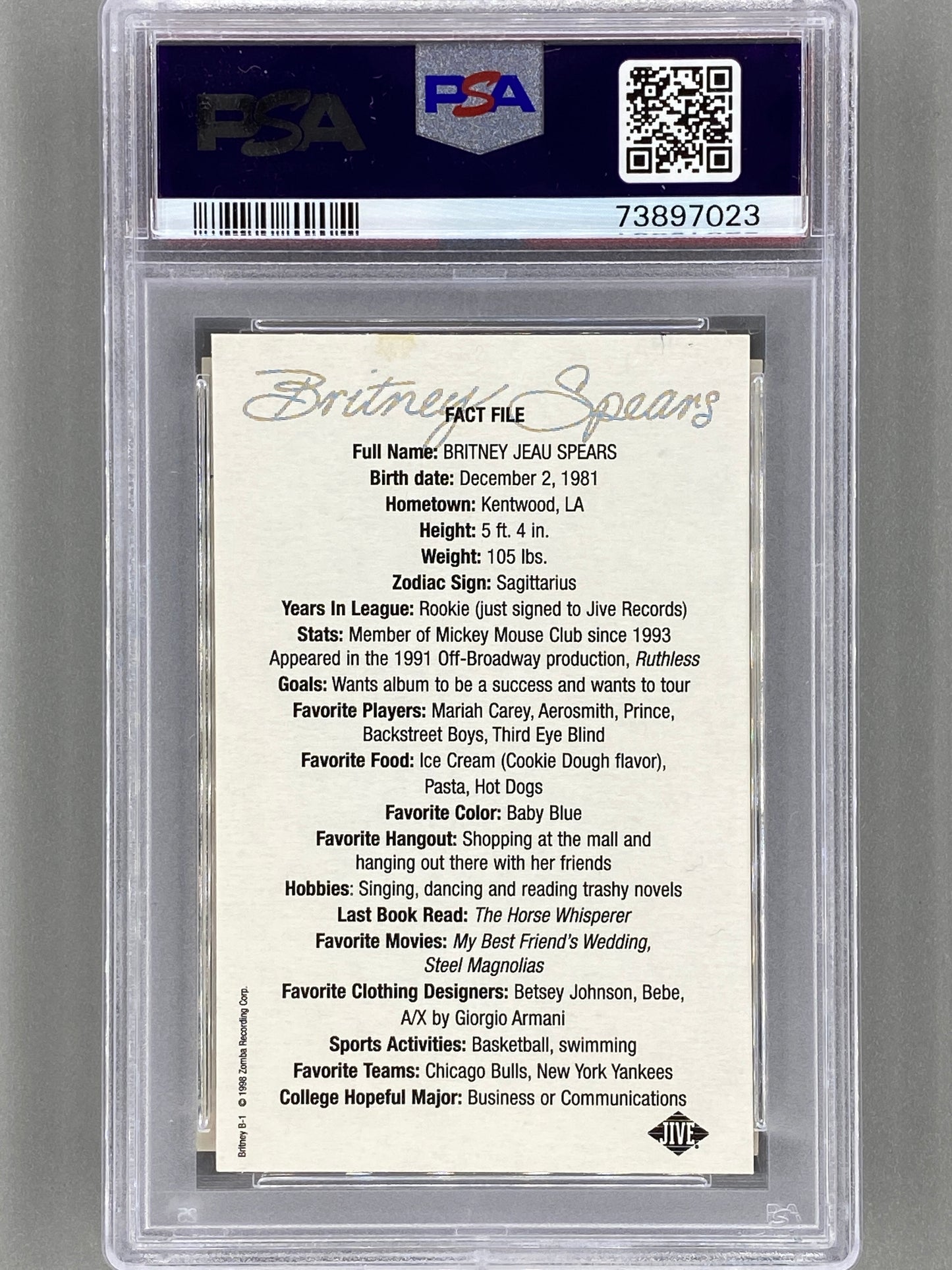 1998 Jive Records #B1 Britney Spears Promo Baseball Card PSA 8 Pop 4 - 2 Higher (Music