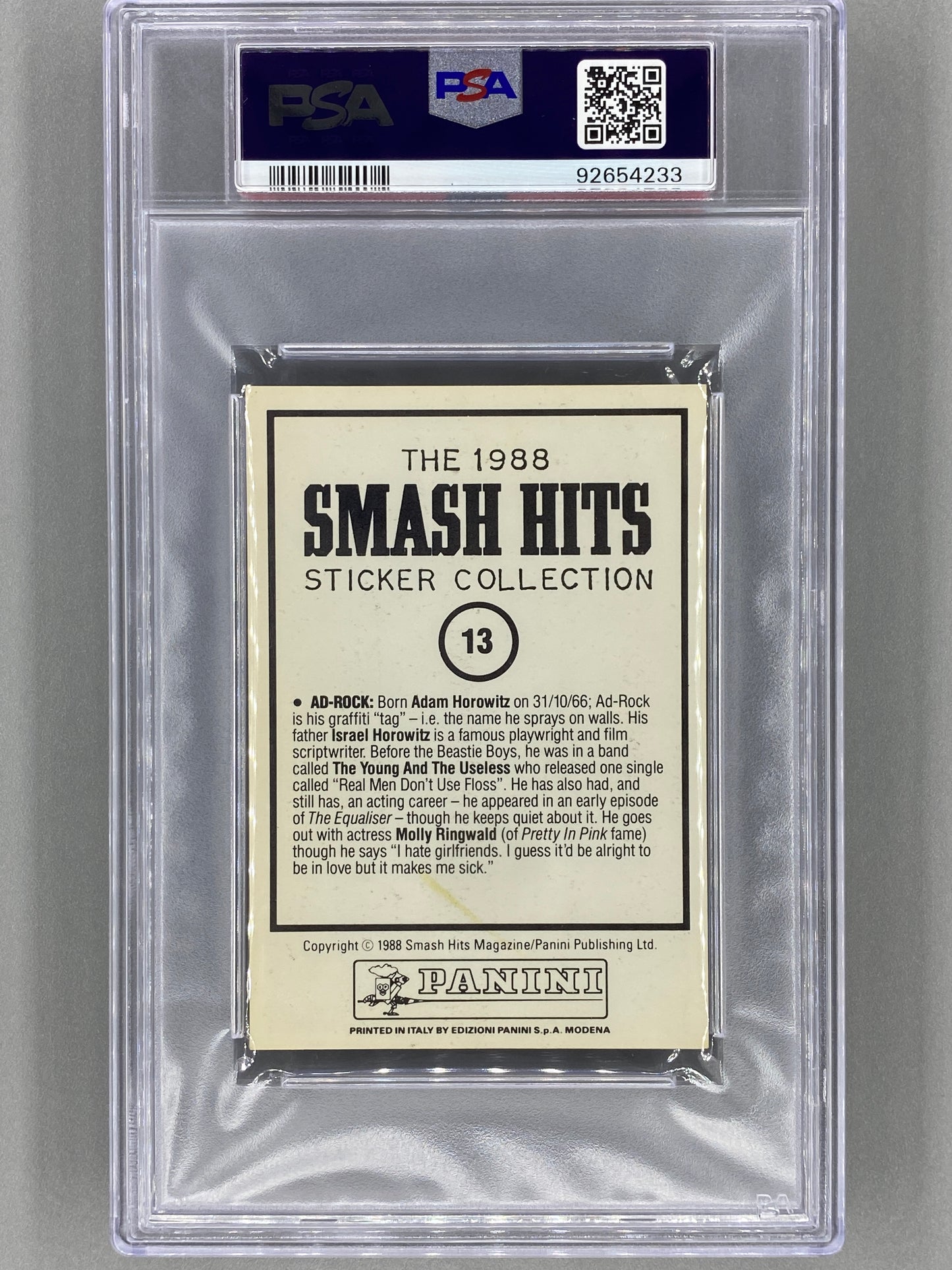 1988 Panini #13 Ad Rock (Beastie Boys) Smash Hits Collection PSA 7 Pop 3 (Music)