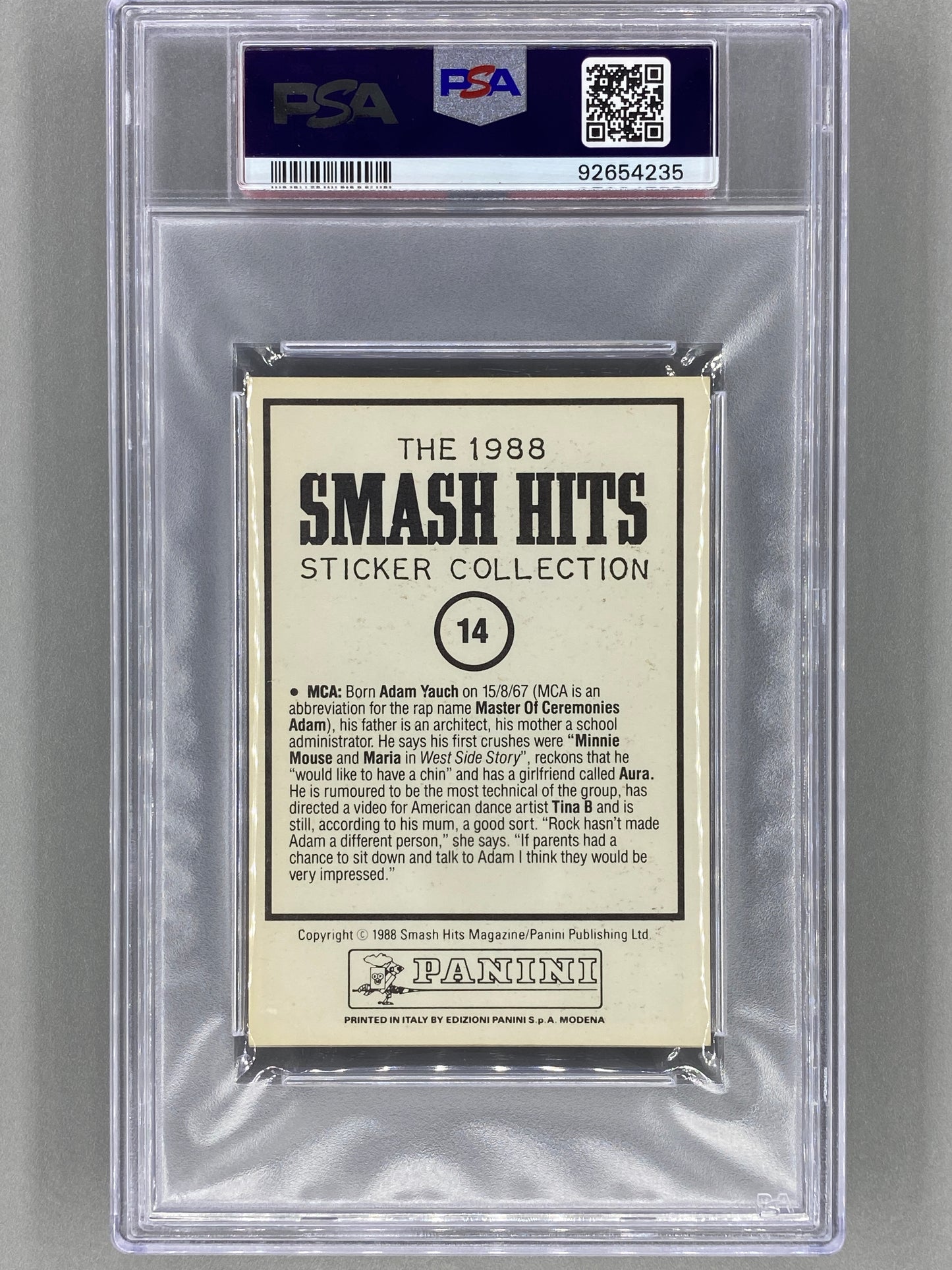 1988 Panini #14 MCA (Beastie Boys) Smash Hits Collection PSA 7 Pop 1 (Music)