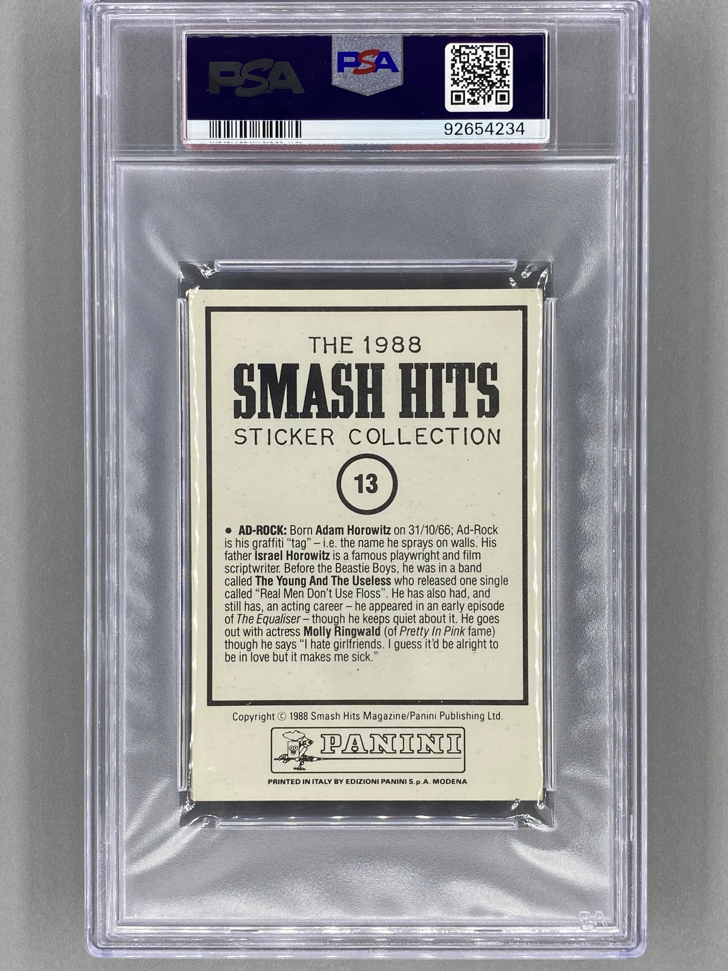 1988 Panini #13 Ad Rock (Beastie Boys) Smash Hits Collection PSA 6 Pop 1 (Music)