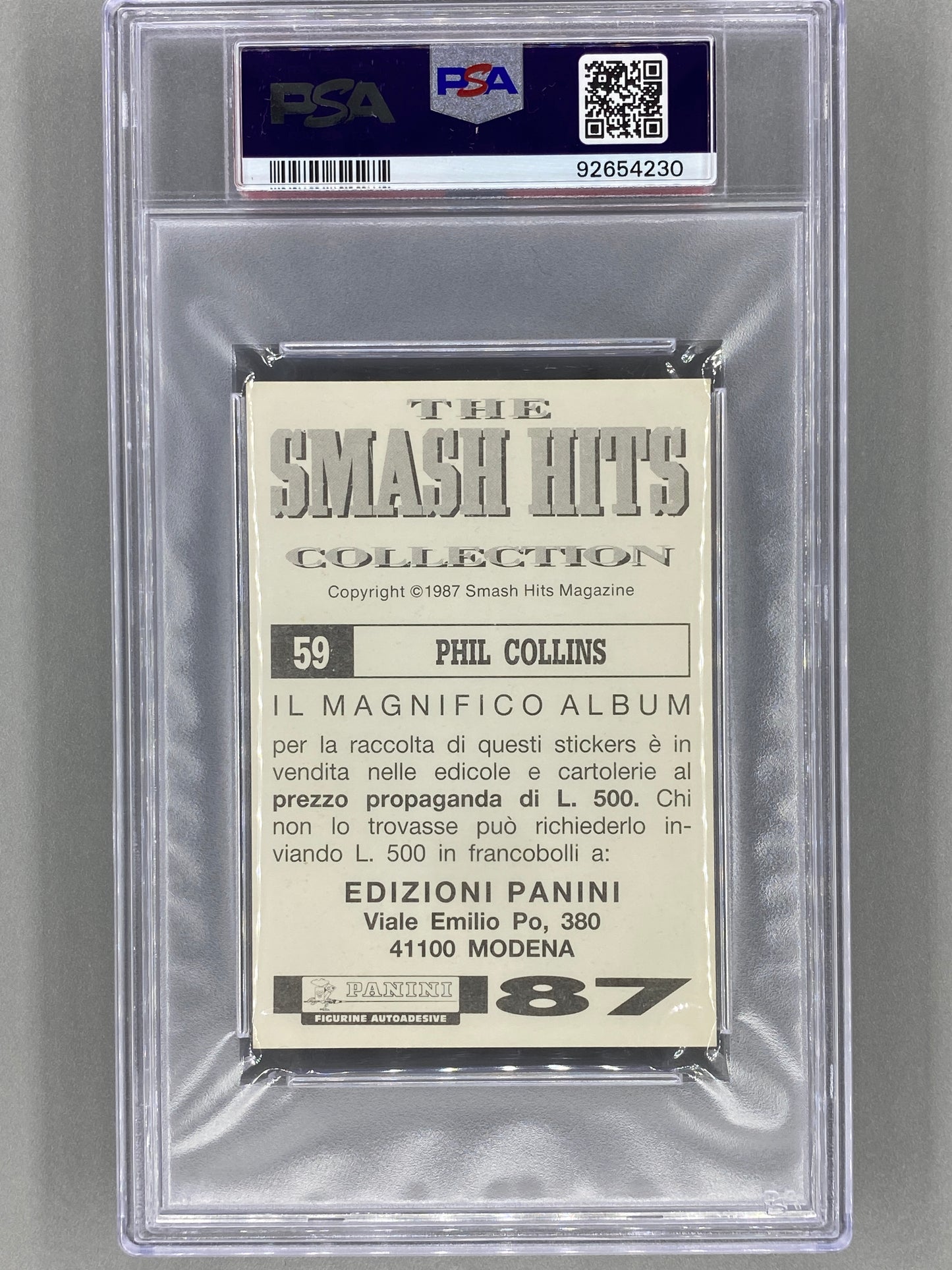 1987 Panini #59 Phil Collins Smash Hits Collection Italian PSA 8 - Pop 1 (Music)