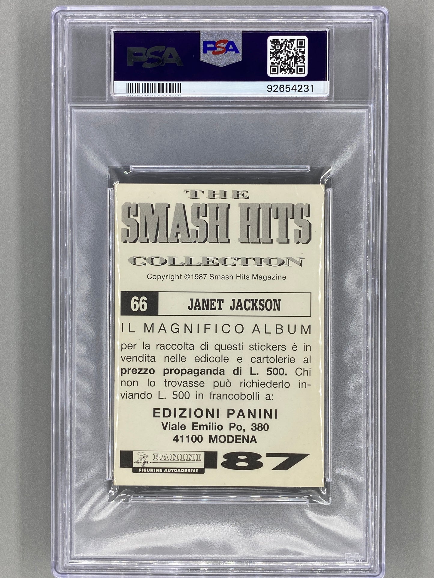 1987 Panini #66 Janet Jackson Smash Hits Collection Italian PSA 8 - Pop 1 (Music)