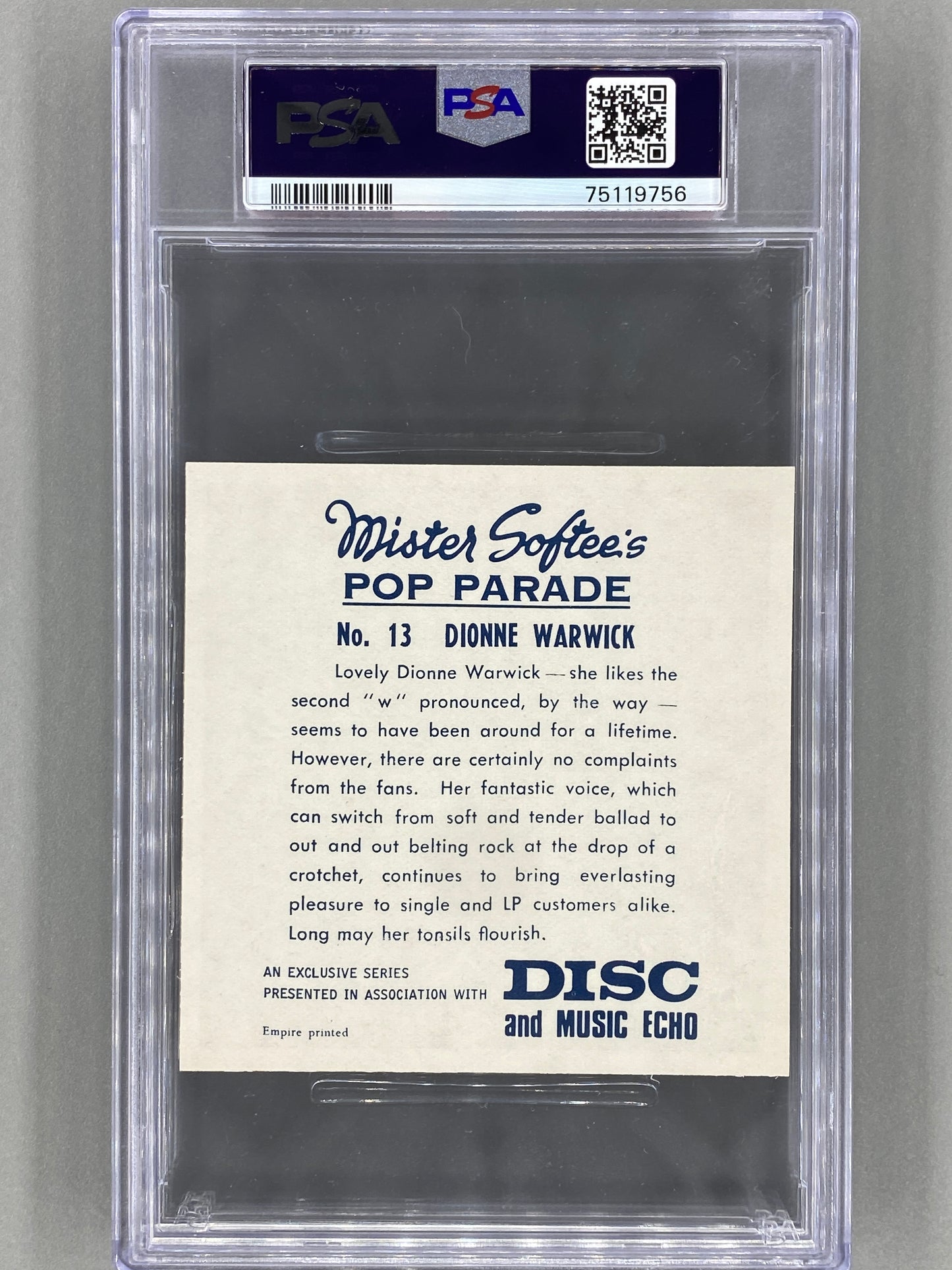 1969 Mr. Softee's #13 Dionne Warwick Pop Parade PSA 7 Pop 2 (Music)