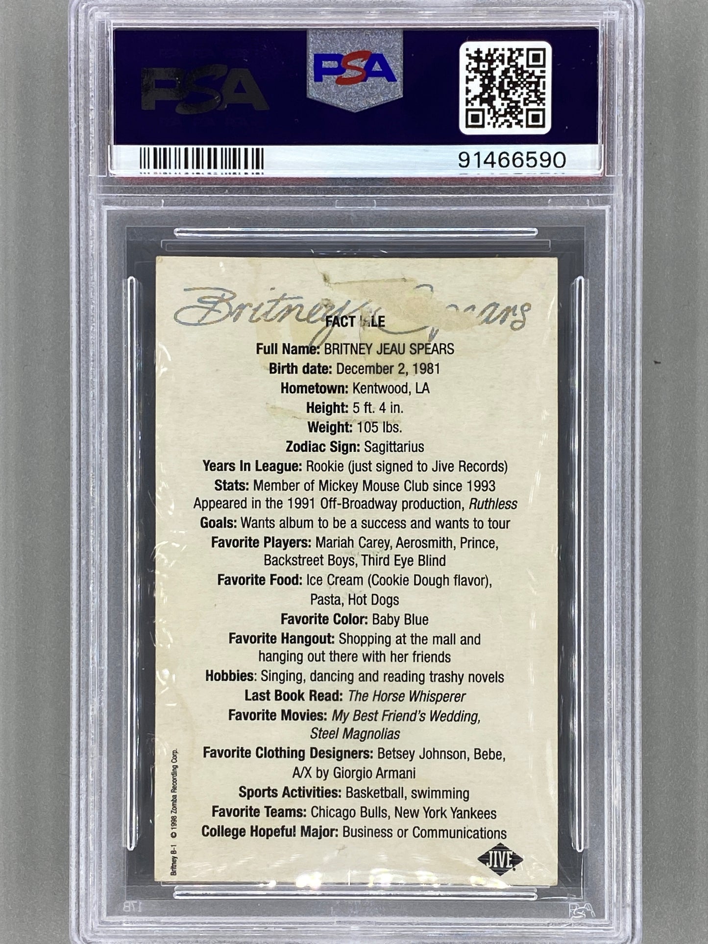 1998 Jive Records #B1 Britney Spears Promo Baseball Card PSA 1 (Music)