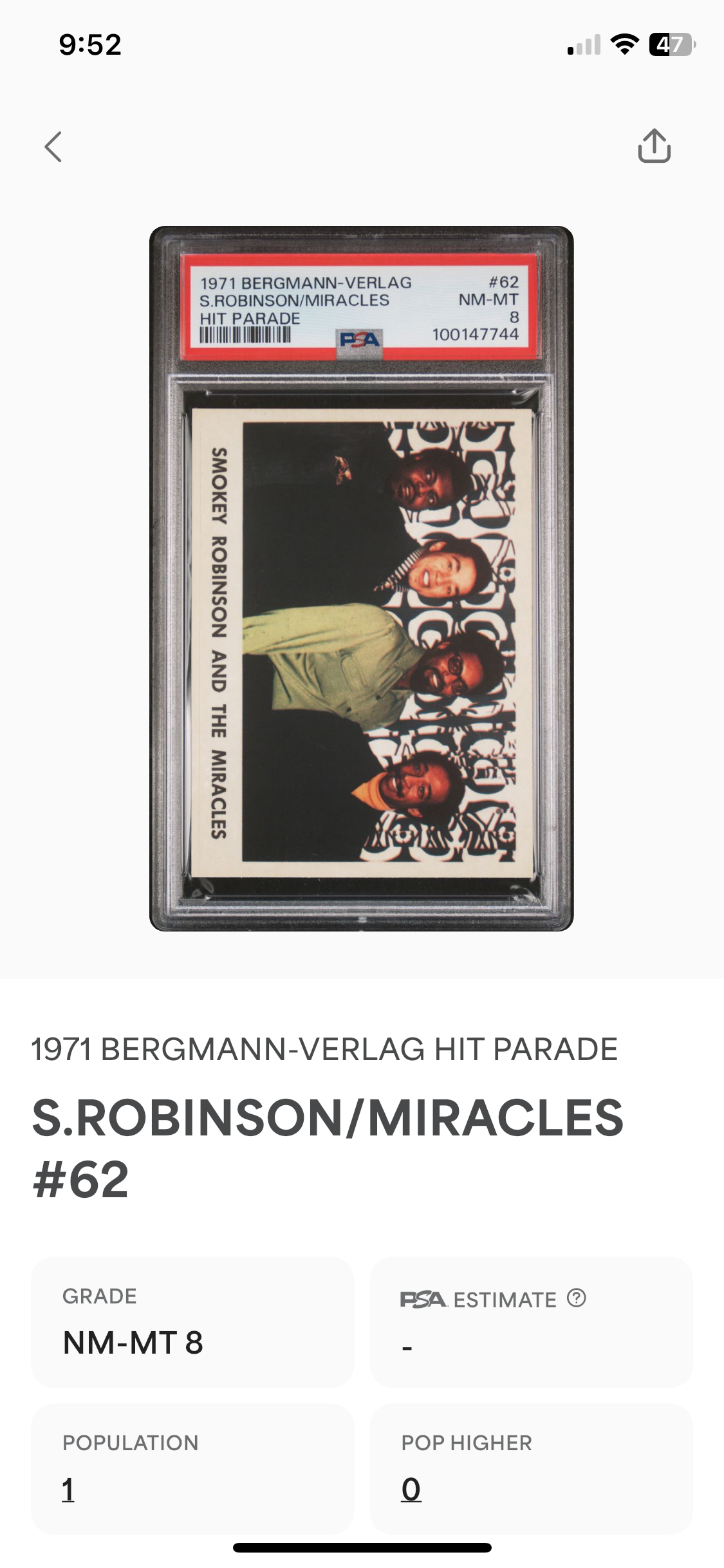 1971 Bergmann-Verlag #62 Smokey Robinson & Miracles Hit Parade Sticker PSA 8 Pop 1 (Music)