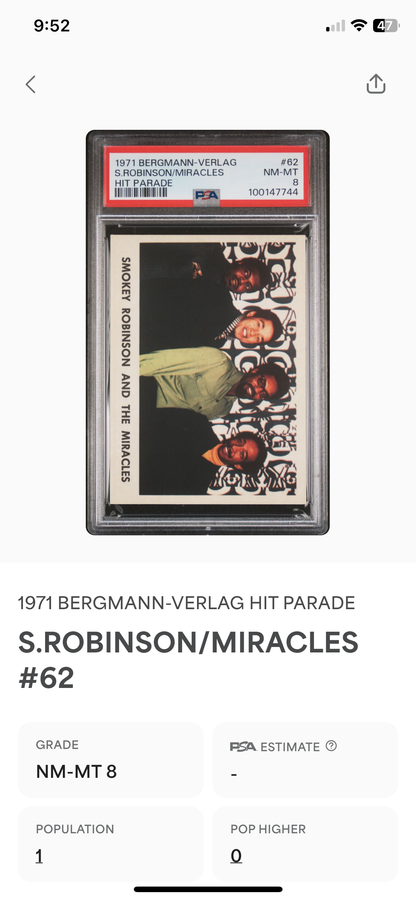 1971 Bergmann-Verlag #62 Smokey Robinson & Miracles Hit Parade Sticker PSA 8 Pop 1 (Music)