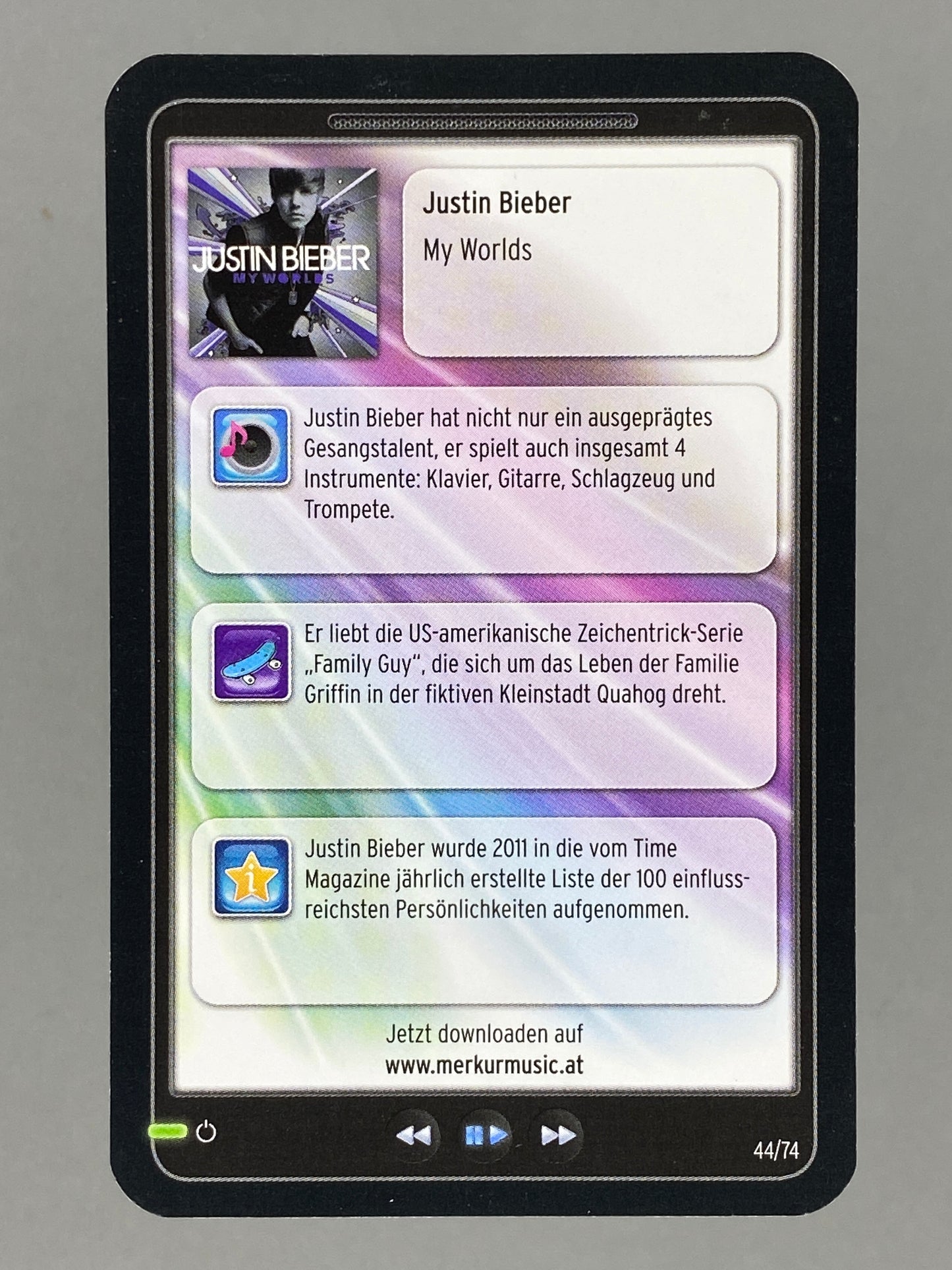 2012 Merkur #44/74 Justin Bieber Star & Tunes (Austria) (Music)