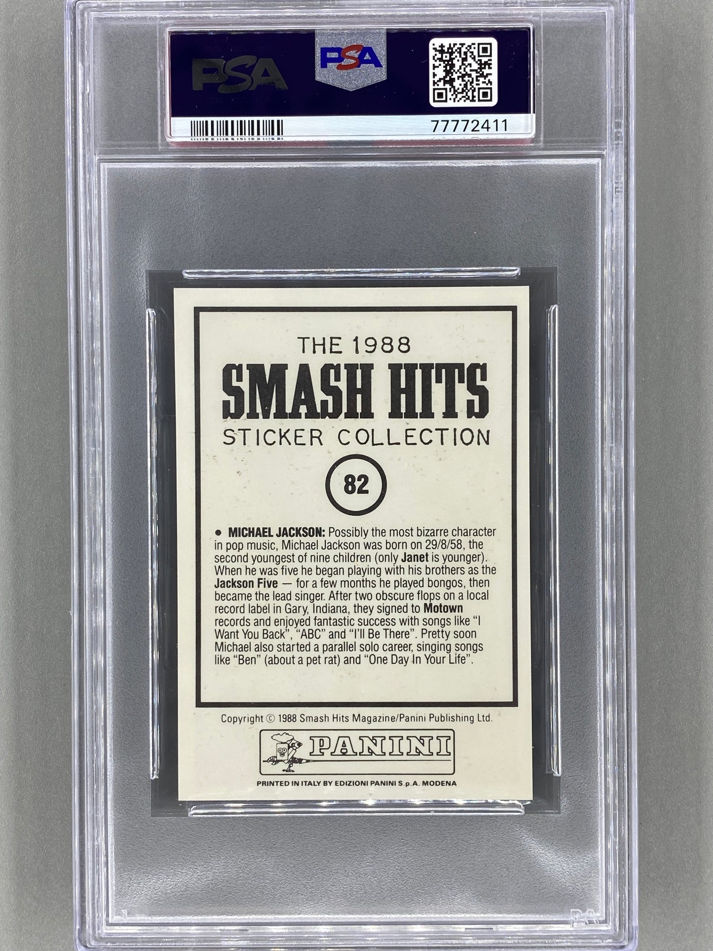 1988 Panini #82 Michael Jackson Smash Hits Sticker Collection PSA 8 - Pop 1 (Music)