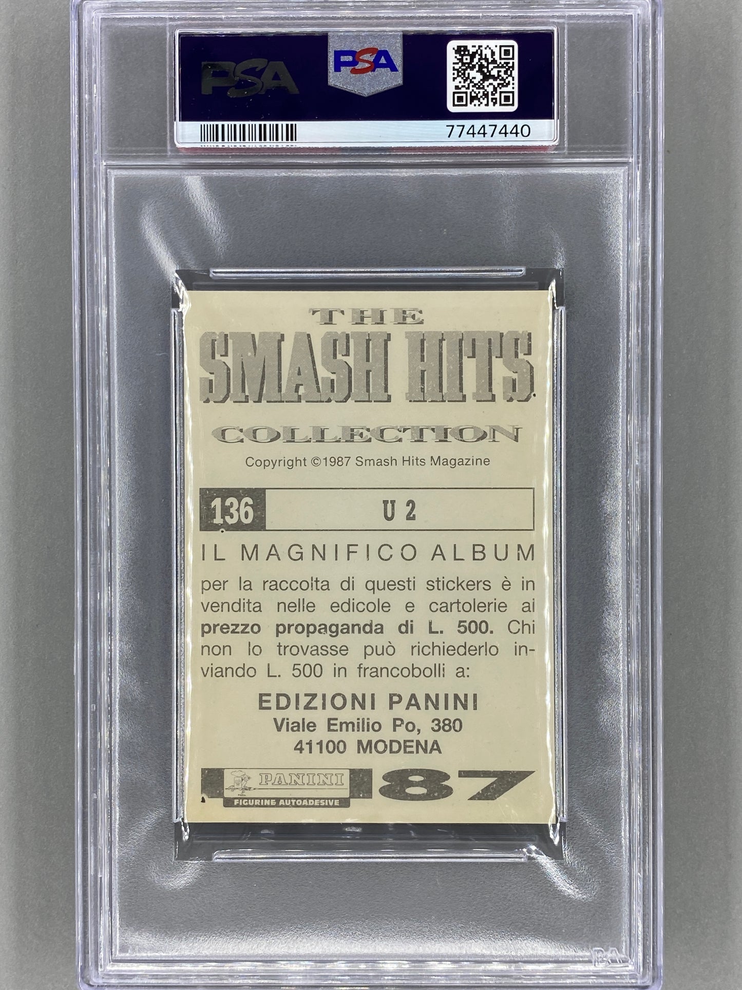 1987 Panini #136 U2 Smash Hits Collection Italian PSA 8 - Pop 1 (Music)