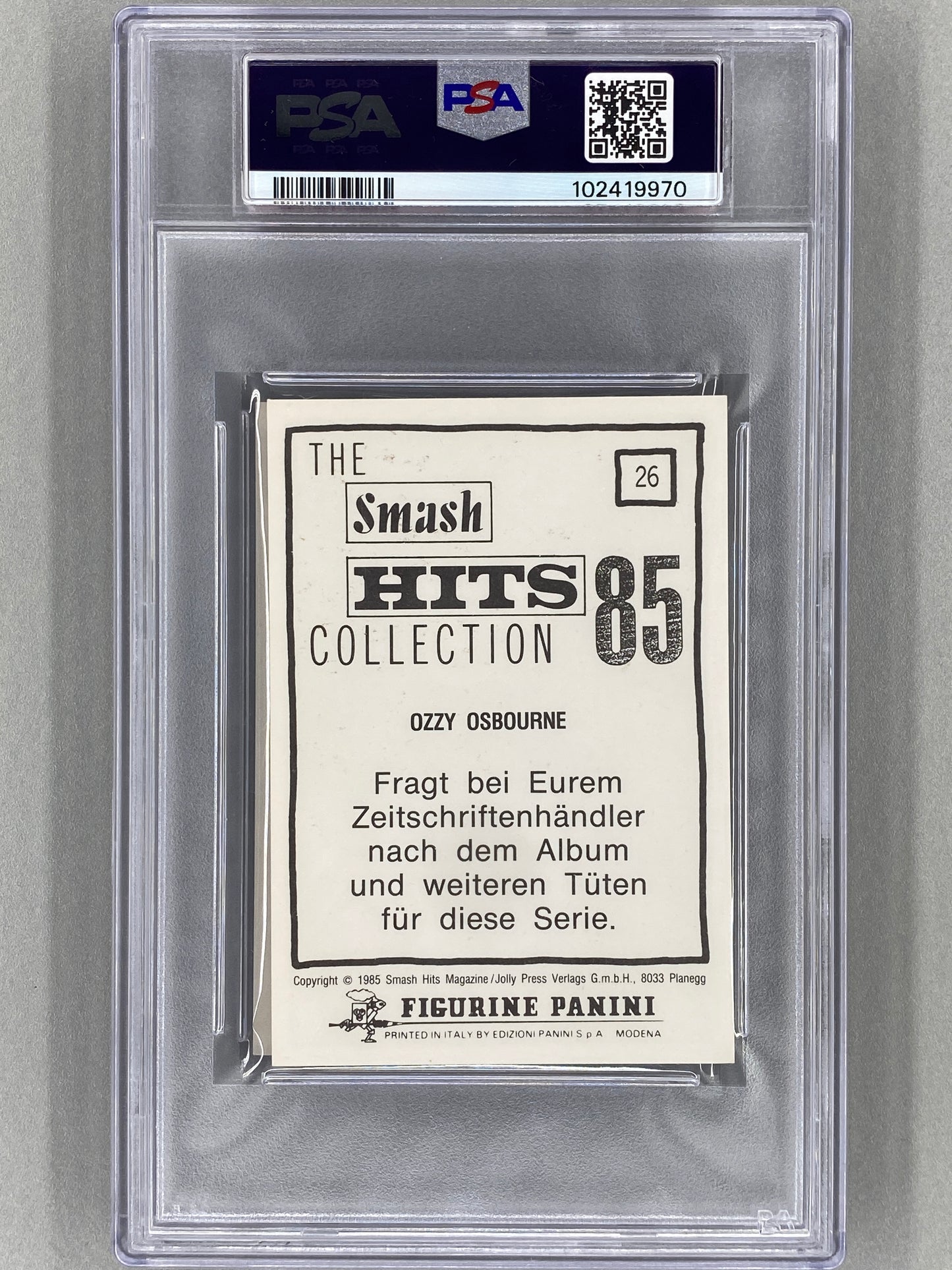 1985 Panini #26 Ozzy Osbourne (German) Smash Hits Collection PSA 7 Pop 1 (Music)