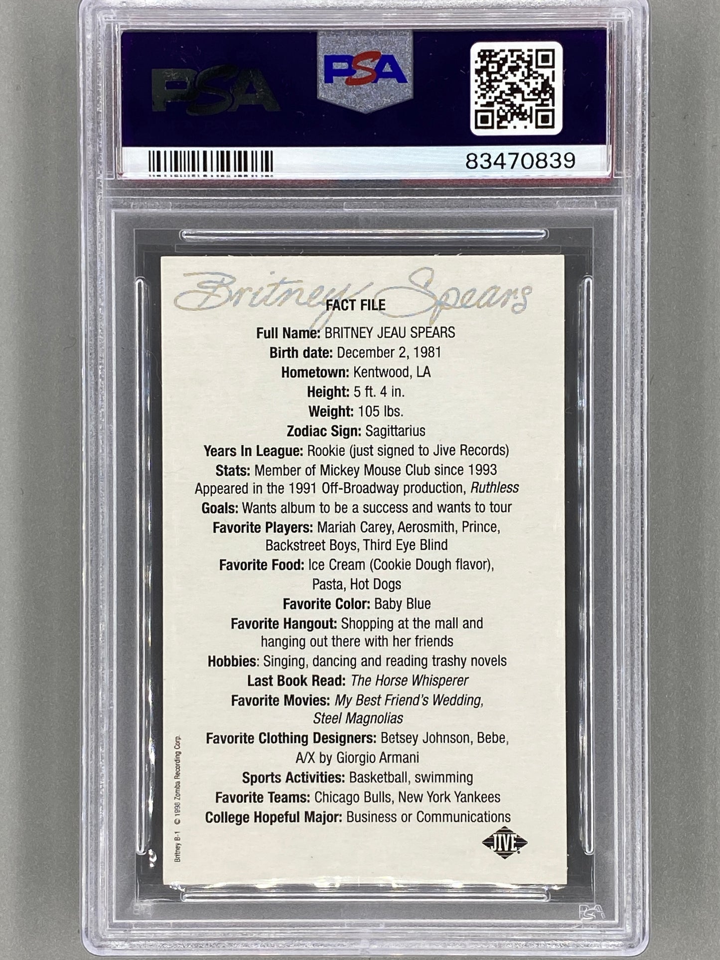 1998 Jive Records #B1 Britney Spears Promo Baseball Card PSA 5 Pop 11 (Music)