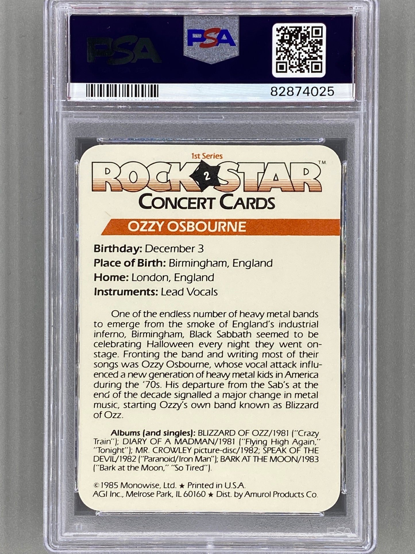 1985 AGI Rock Star #2 Ozzy Osbourne Concert Cards  PSA 10 - Pop 3 (Music)