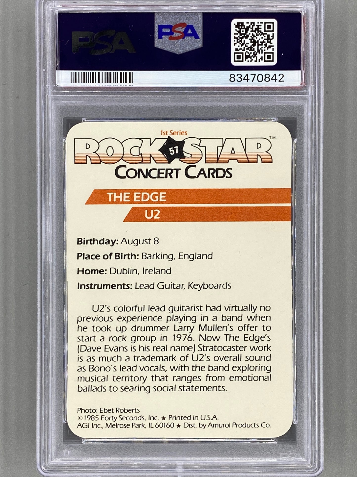 1985 AGI Rock Star #57 The Edge Concert Cards PSA 9 - Pop 9 (Music)