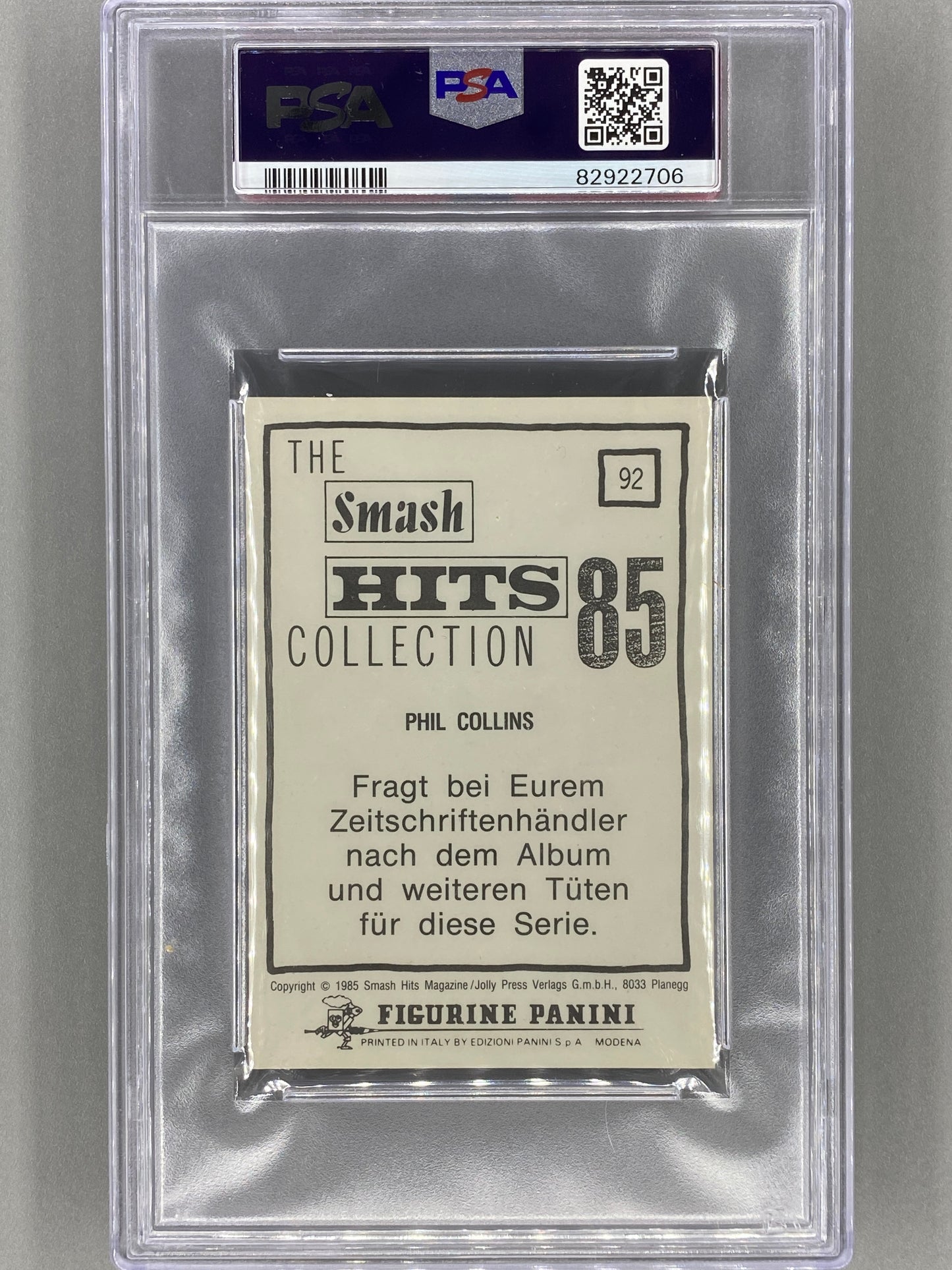 1985 Panini #92 Phil Collins (German) Smash Hits Collection PSA 8 - Pop 1 (Music)