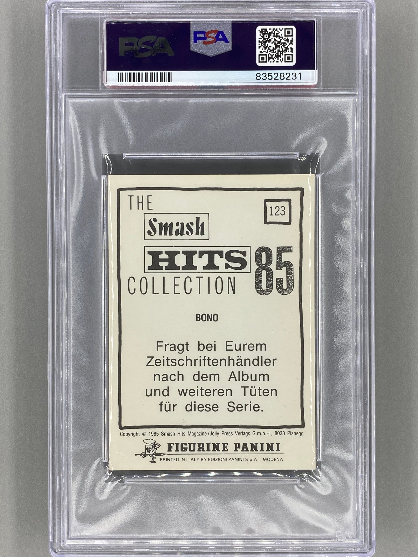 1985 Panini #123 Bono (German) Smash Hits Collection PSA 8 - Pop 2 (Music)