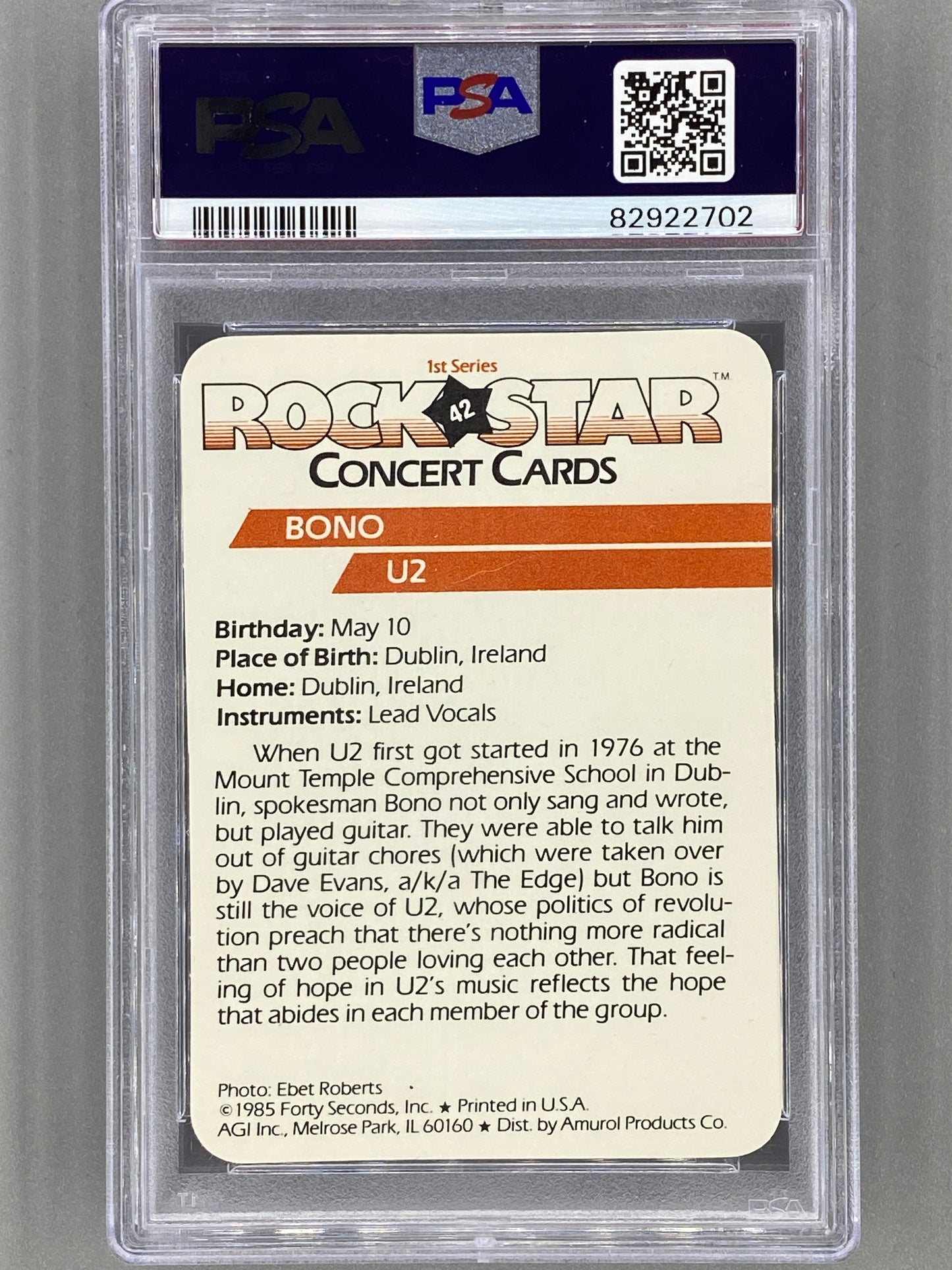 1985 AGI Rock Star #42 Bono Concert Cards PSA 10 - Pop 12 (Music)