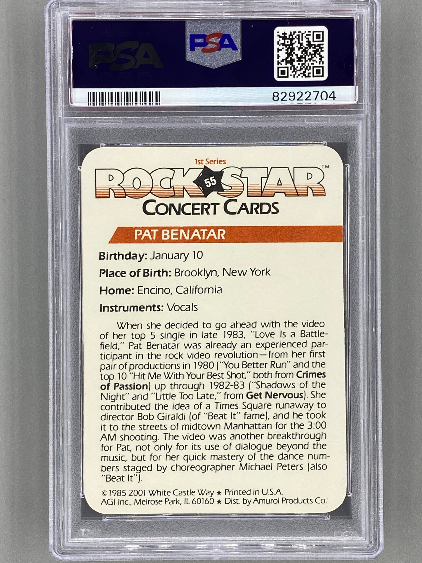 1985 AGI Rock Star #55 Pat Benatar Concert Cards PSA 10 - Pop 3 (Music)