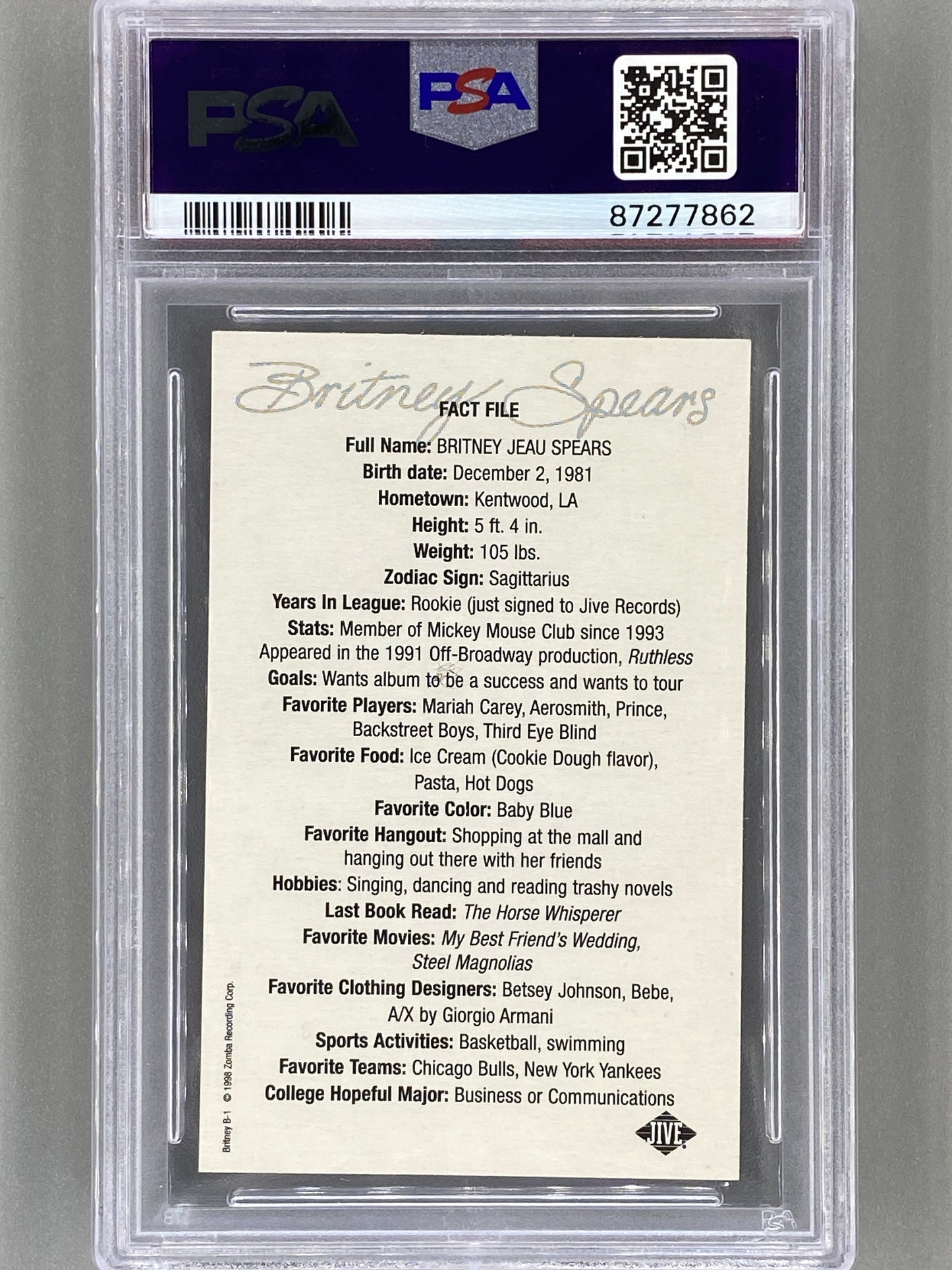 1998 Jive Records #B1 Britney Spears Promo Baseball Card PSA 9 Pop 3 (Music)