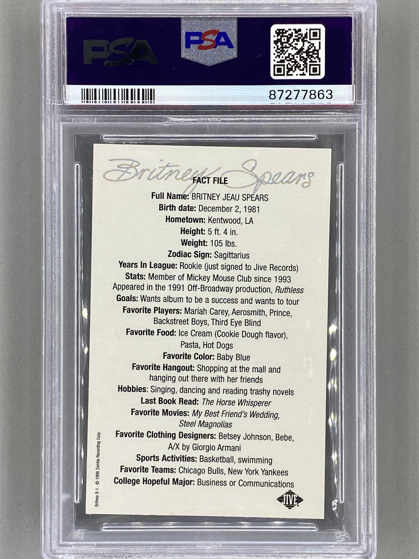 1998 Jive Records #B1 Britney Spears Promo Baseball Card PSA 3 Pop 5 (Music)