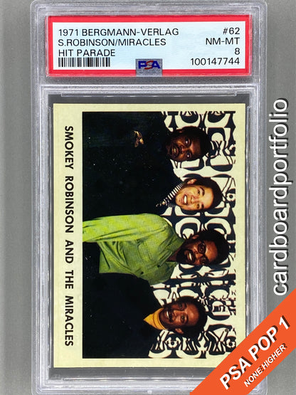 1971 Bergmann-Verlag #62 Smokey Robinson & Miracles Hit Parade Sticker PSA 8 Pop 1 (Music)
