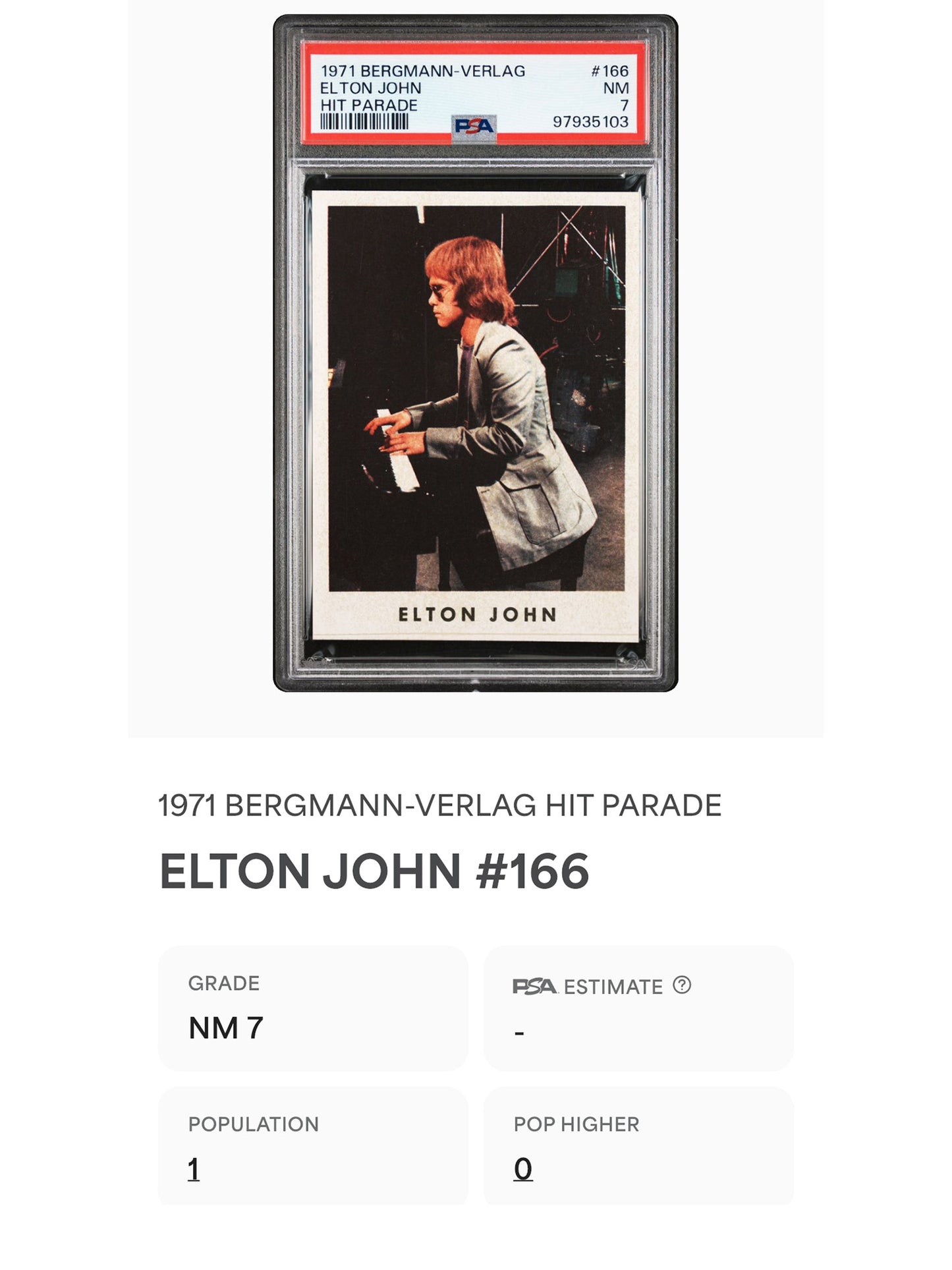 1971 Bergmann-Verlag #166 Elton John Hit Parade Sticker PSA 7 Pop 1 (Music)