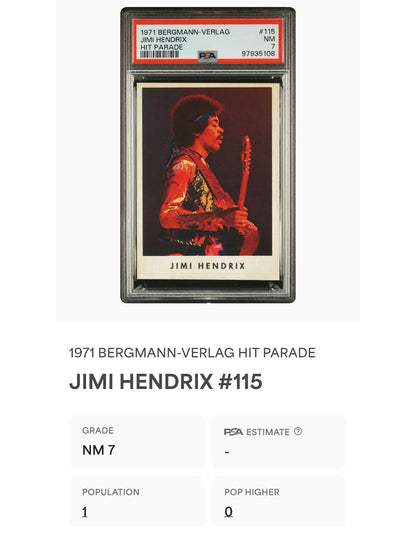 1971 Bergmann-Verlag #115 Jimi Hendrix Hit Parade Sticker PSA 7 Pop 1 (Music)