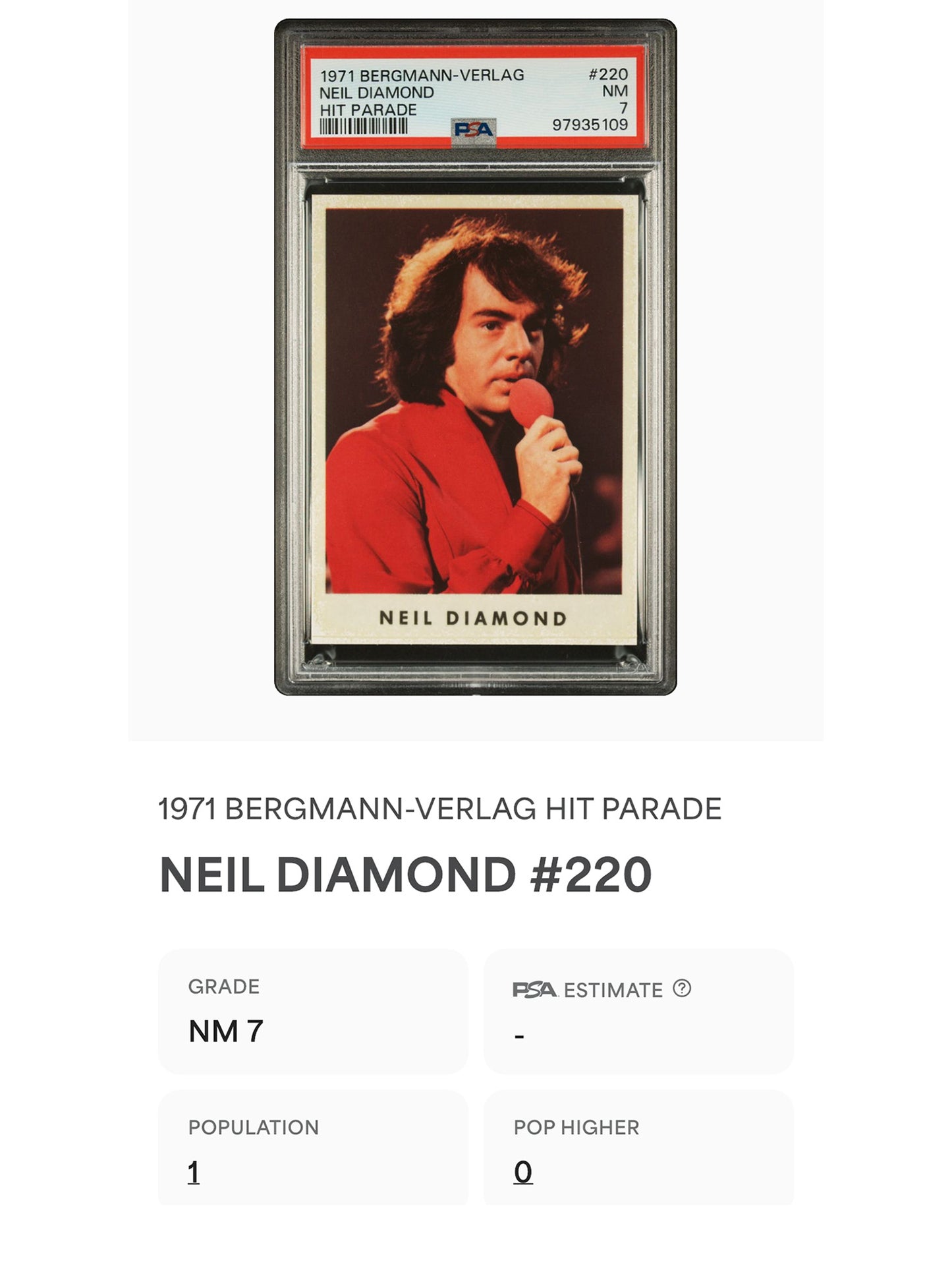 1971 Bergmann-Verlag #220 Neil Diamond Hit Parade Sticker PSA 7 Pop 1 (Music)