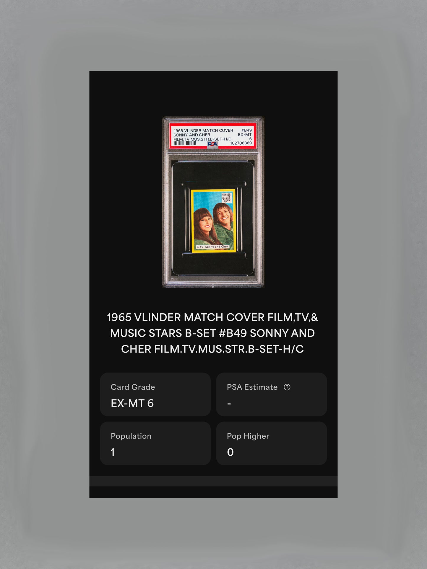 1965 Vlinder #B49 Sonny and Cher Match Cover H/C PSA 6 Pop 1 (Music)