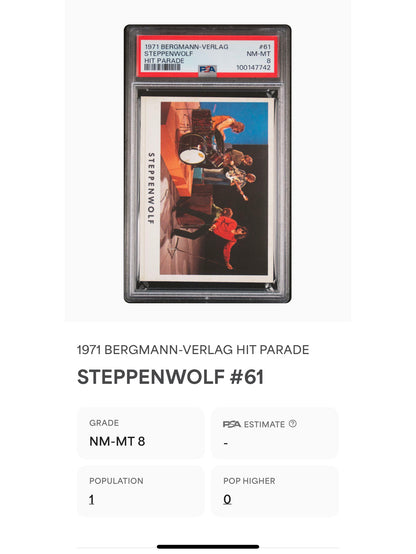 1971 Bergmann-Verlag #61 Steppenwolf Hit Parade Sticker PSA 8 Pop 1 (Music)