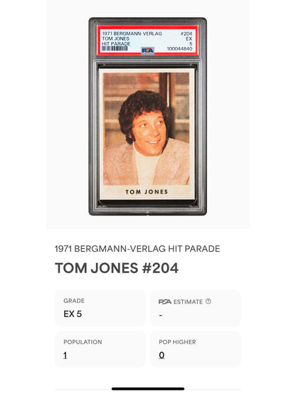1971 Bergmann-Verlag #204 Tom Jones Hit Parade Sticker PSA 5 Pop 1 (Music)