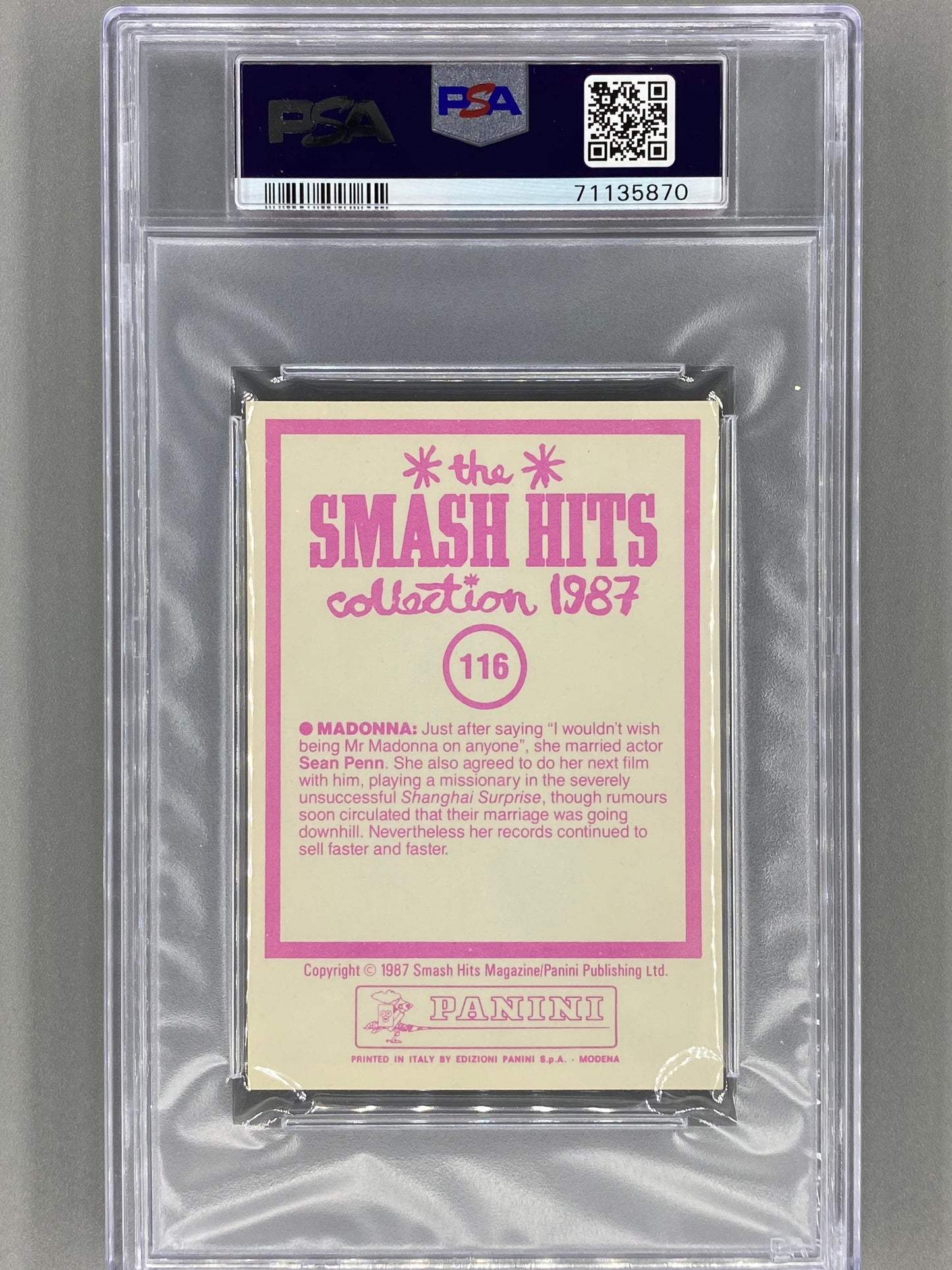 1987 Panini Smash Hits Collection #116 Madonna PSA 8 - Pop 2 (Music)