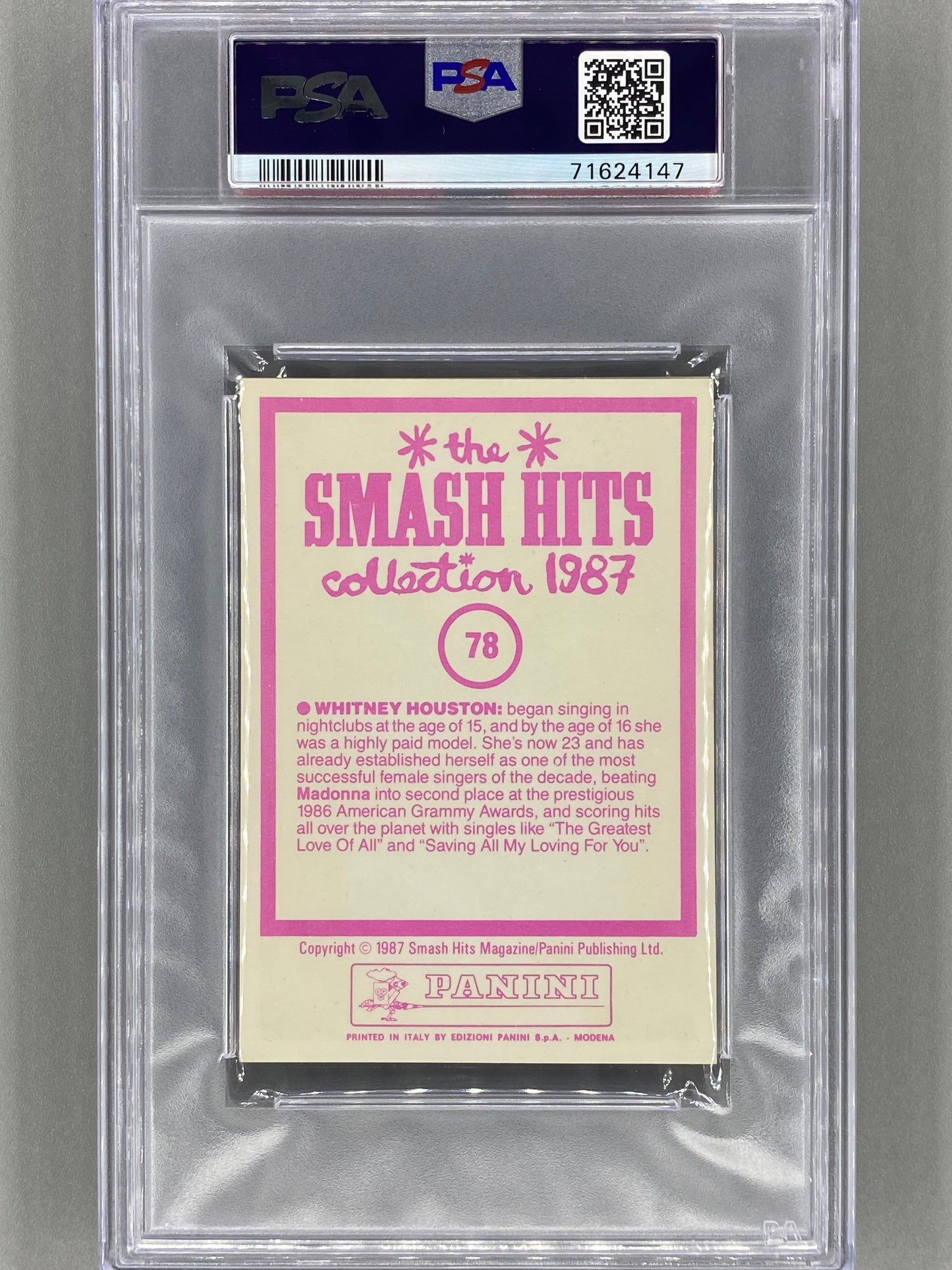 1987 Panini #78 Whitney Houston The Smash Hits Collection PSA 8 - Pop 10 (Music)