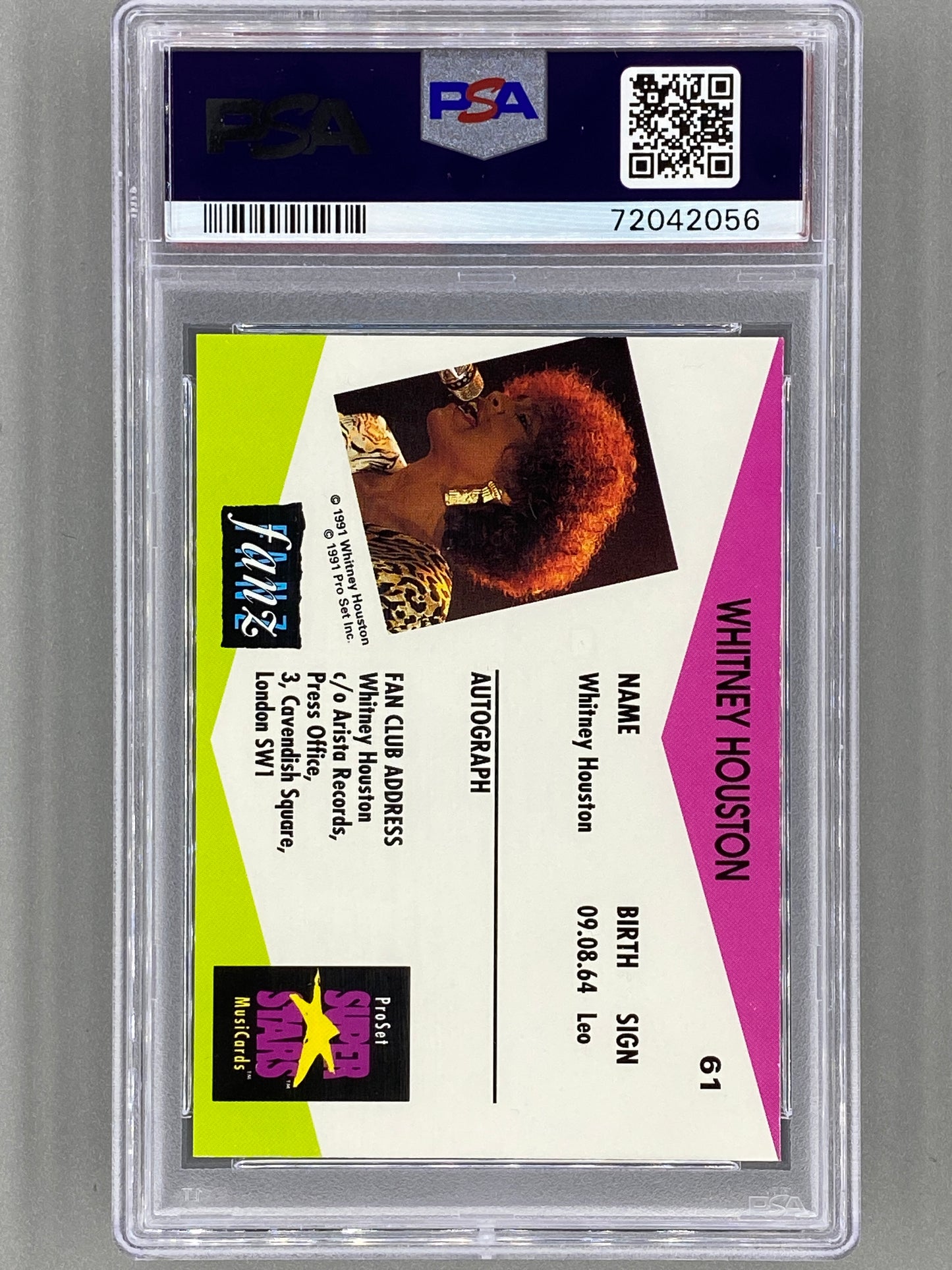 1991 Proset Superstars #61 Whitney Houston Musicards U K Edition PSA 8 Pop 7 (Music)