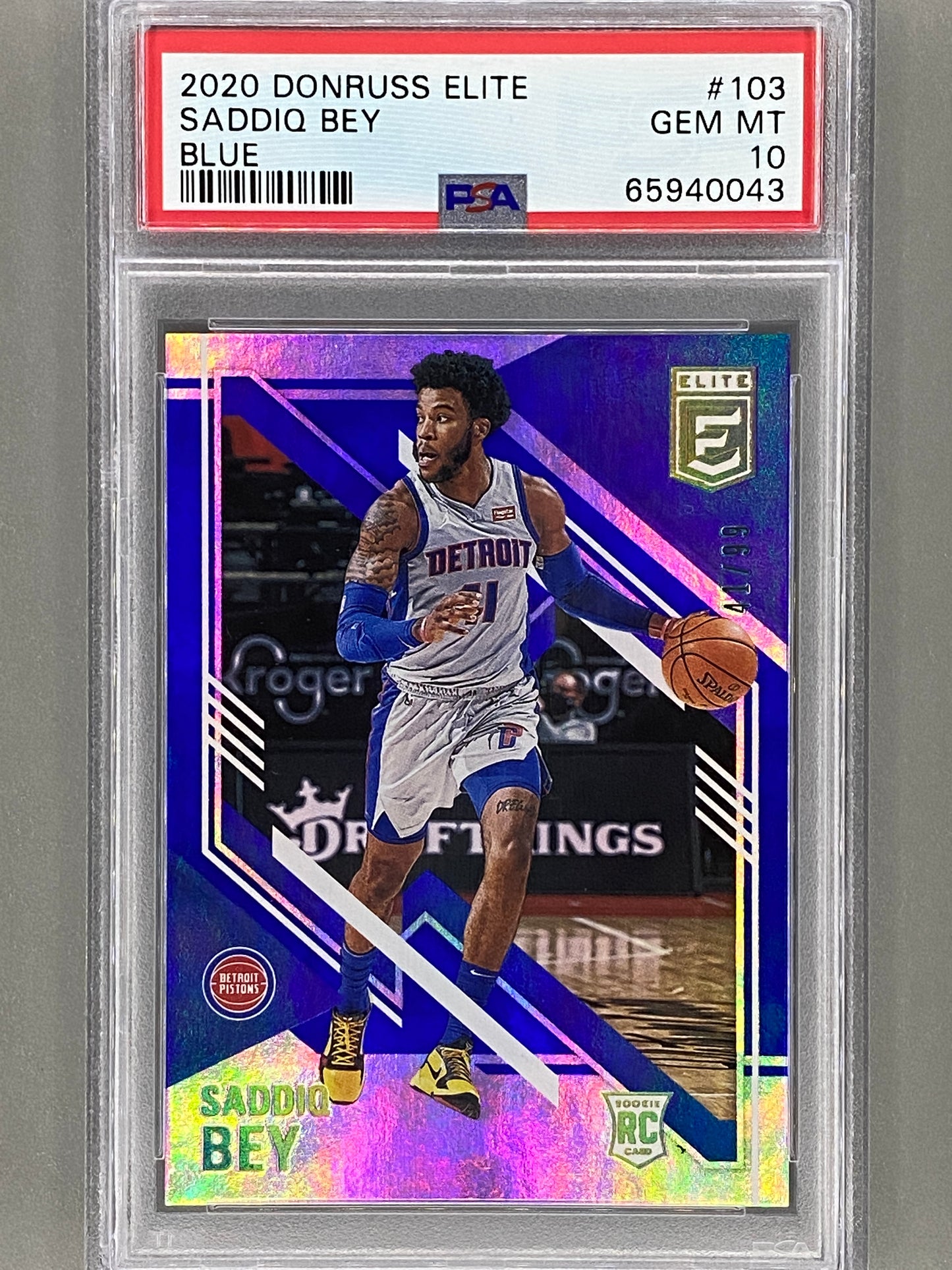 2020 Panini Donruss Elite Basketball #103 Saddiq Bey Blue 41/99 Number Match PSA 10 Detroit Pistons