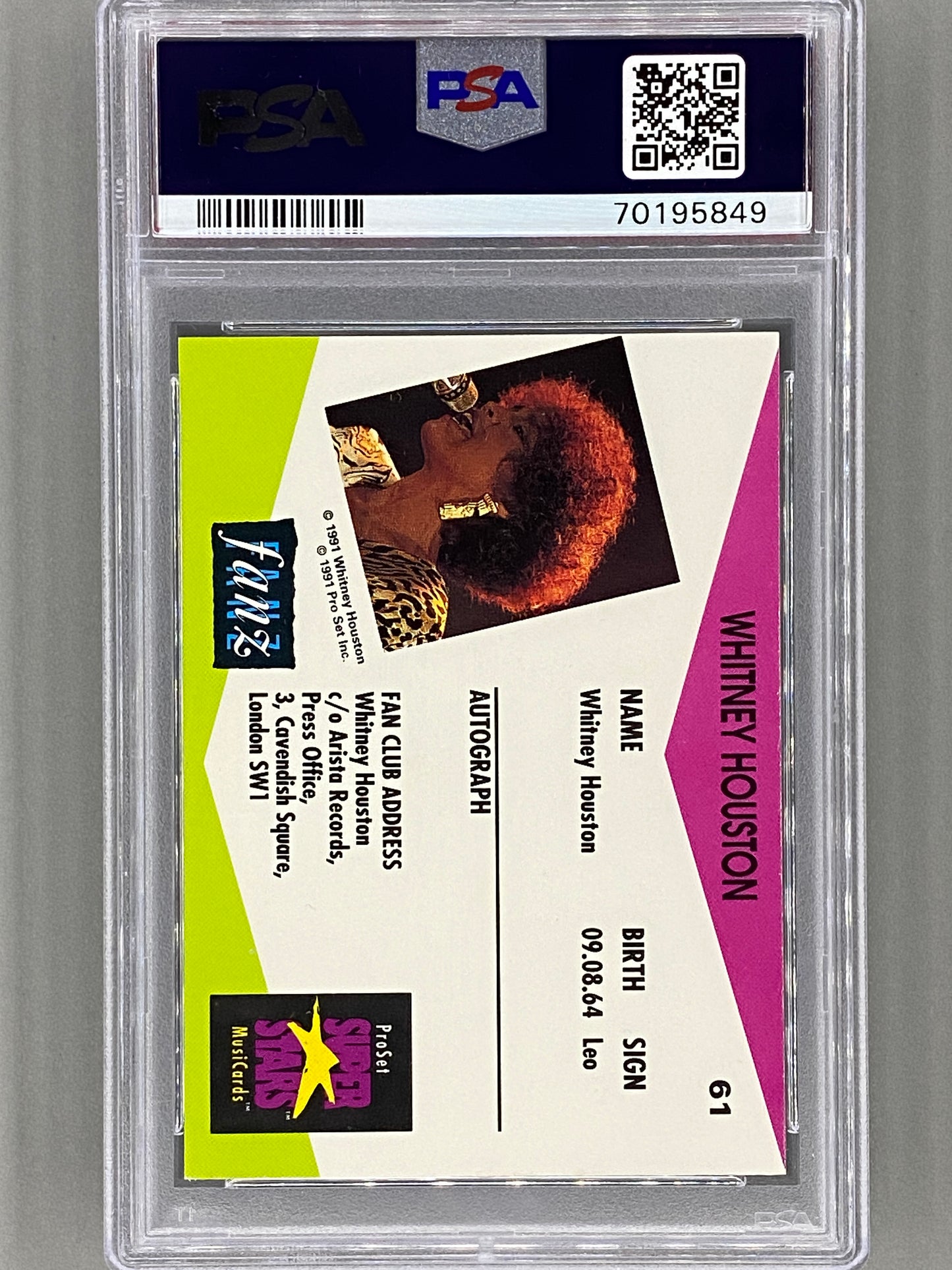 1991 Proset Superstars #61 Whitney Houston Musicards U K Edition PSA 10 - Pop 7 (Music)