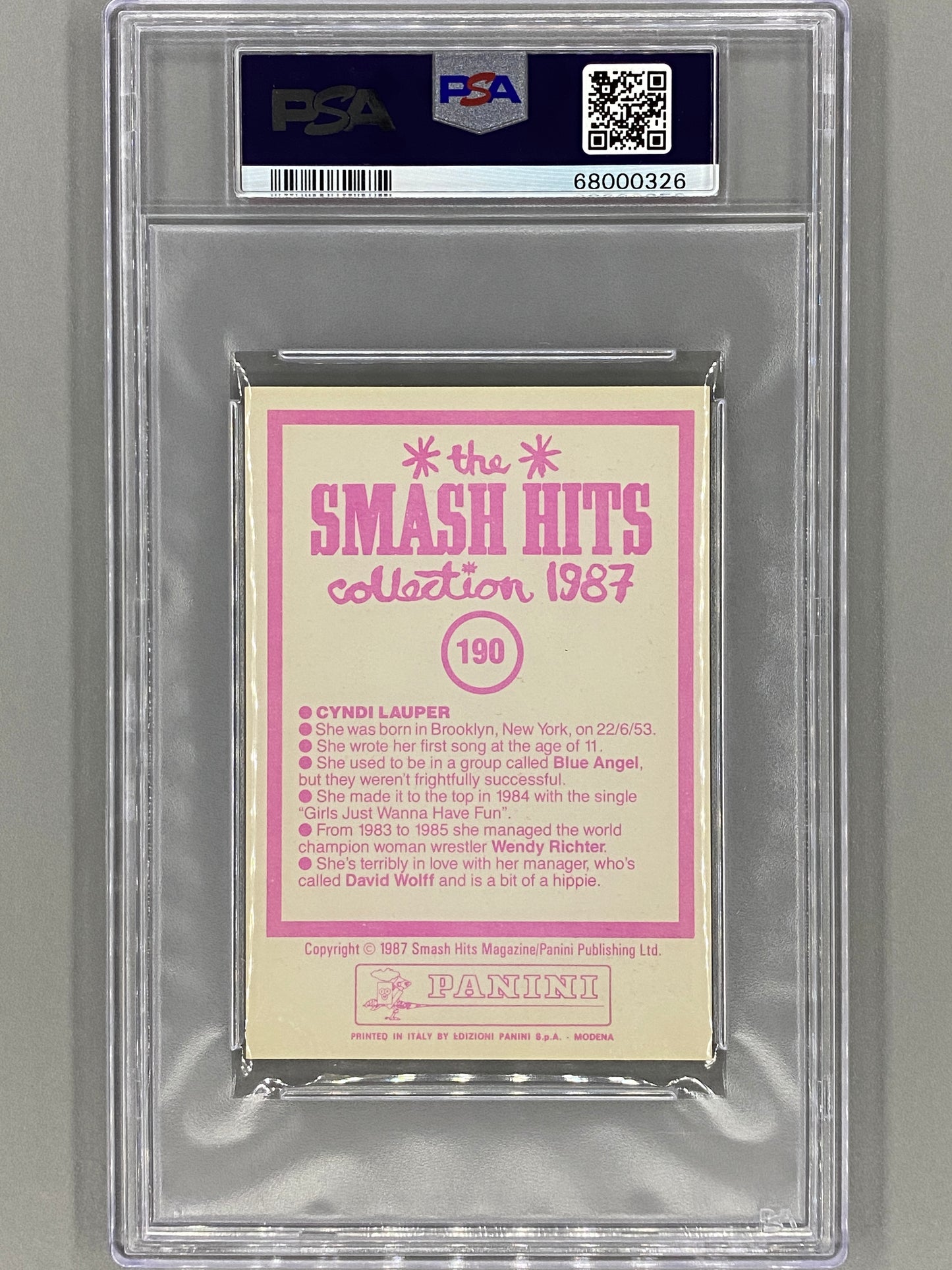 1987 Panini #190 Cyndi Lauper The Smash Hits Collection PSA 7 - Pop 2 (Music)